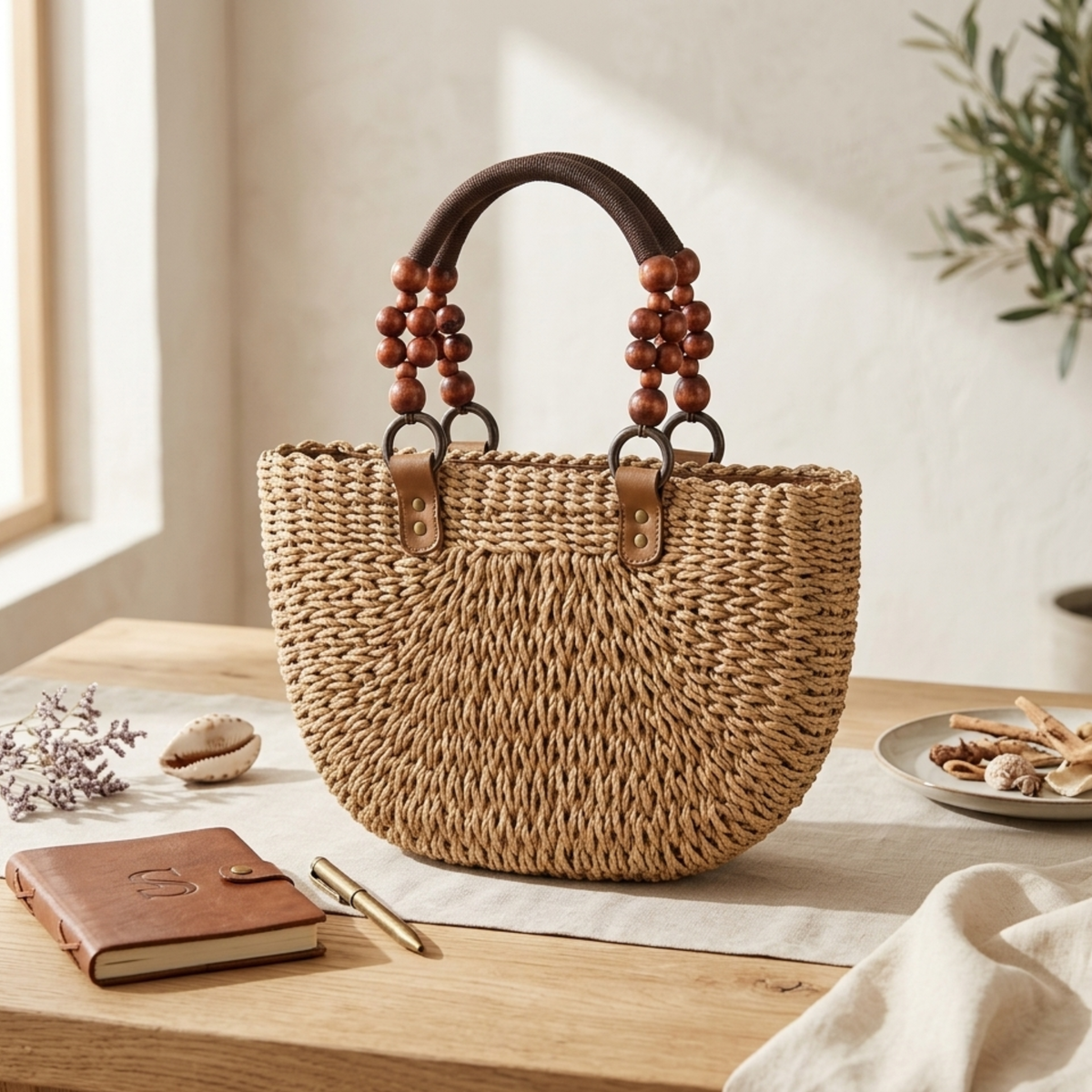 Borsa intrecciata in paglia bohemien versatile – Borsa sostenibile
