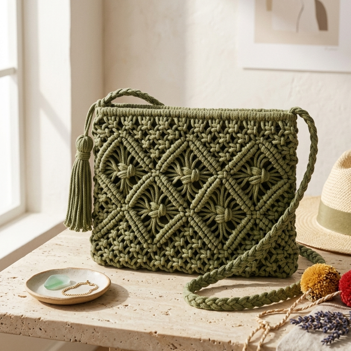 Sac bandoulière tissé avec pompon élégant - Sac durable