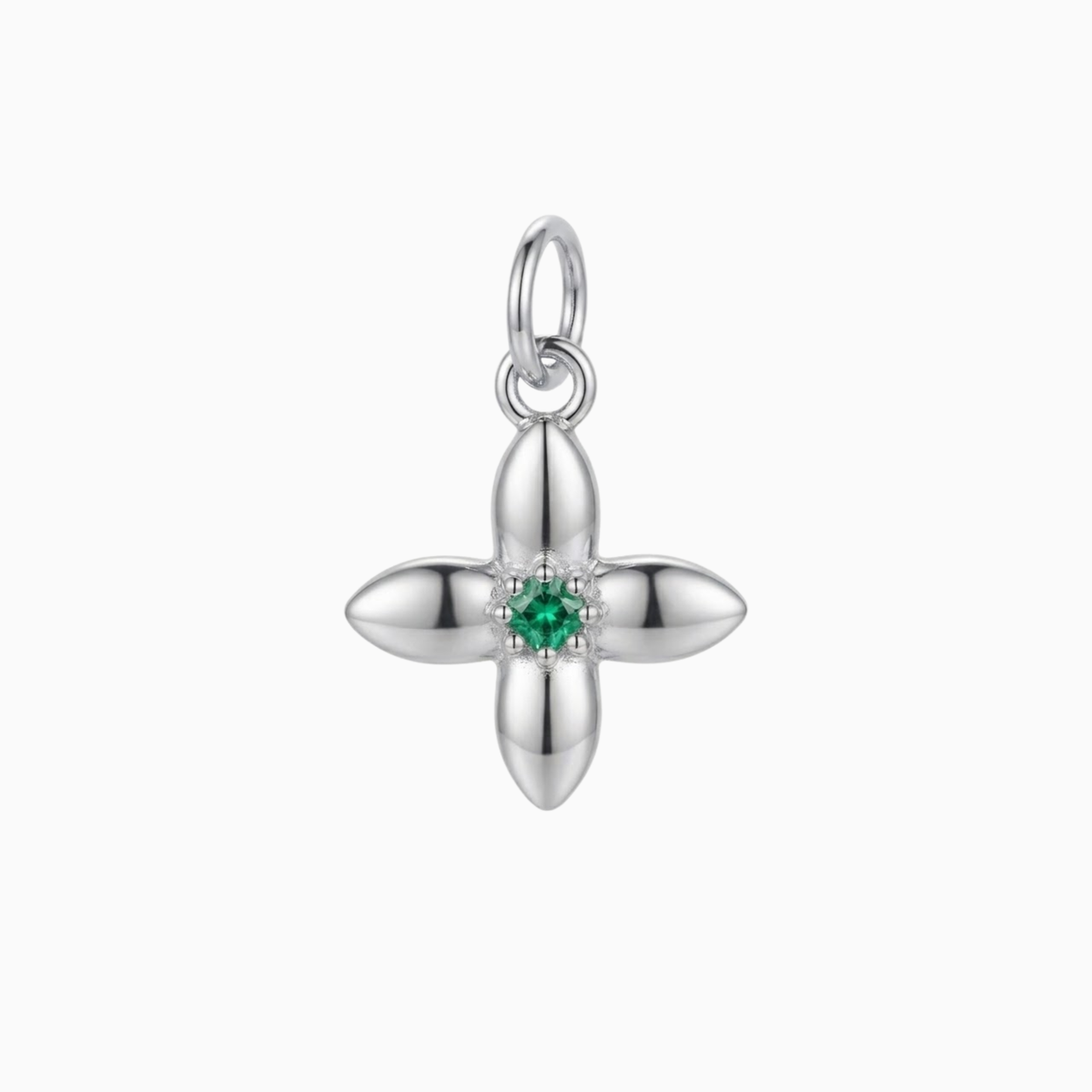 Charms - Silver Flower with Green Gem Center Pendant