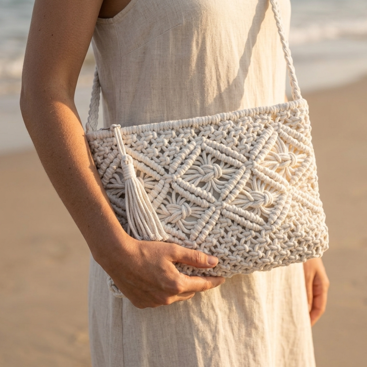 Borsa a tracolla intrecciata con nappine elegante - Borsa sostenibile