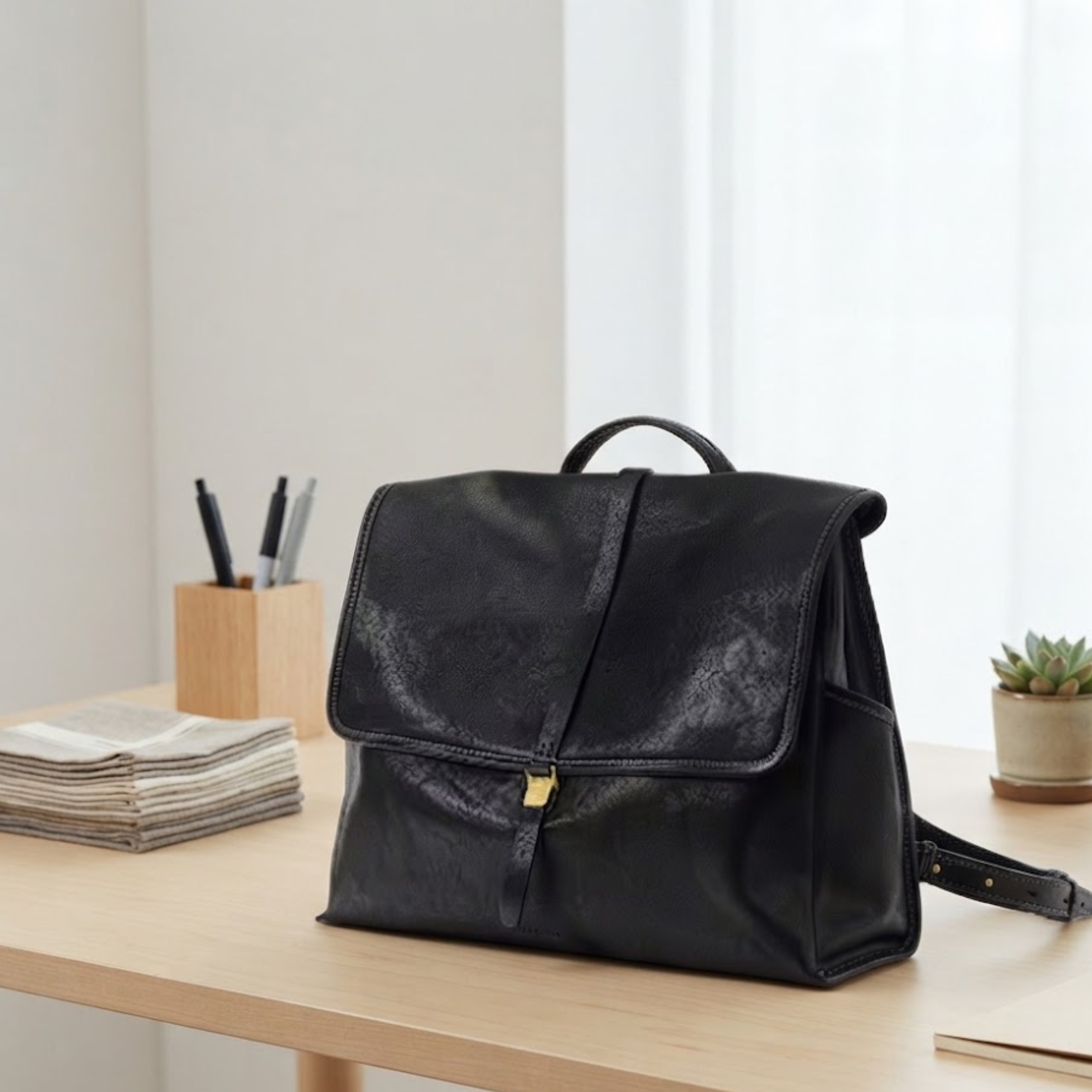 Morgana Classic Noir Leather Flap Backpack