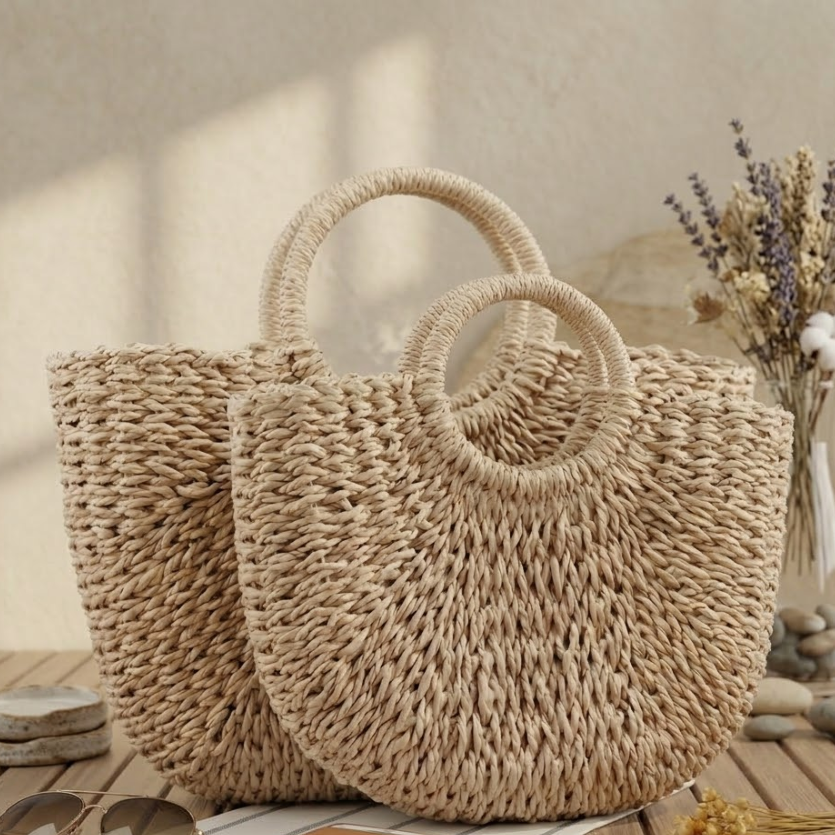 Moon-Shaped Handmade Straw Beach Tote – Sustainable Bag