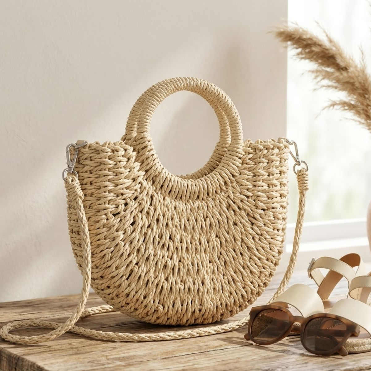 Borsa da spiaggia a forma di luna in paglia fatta a mano – Borsa sostenibile