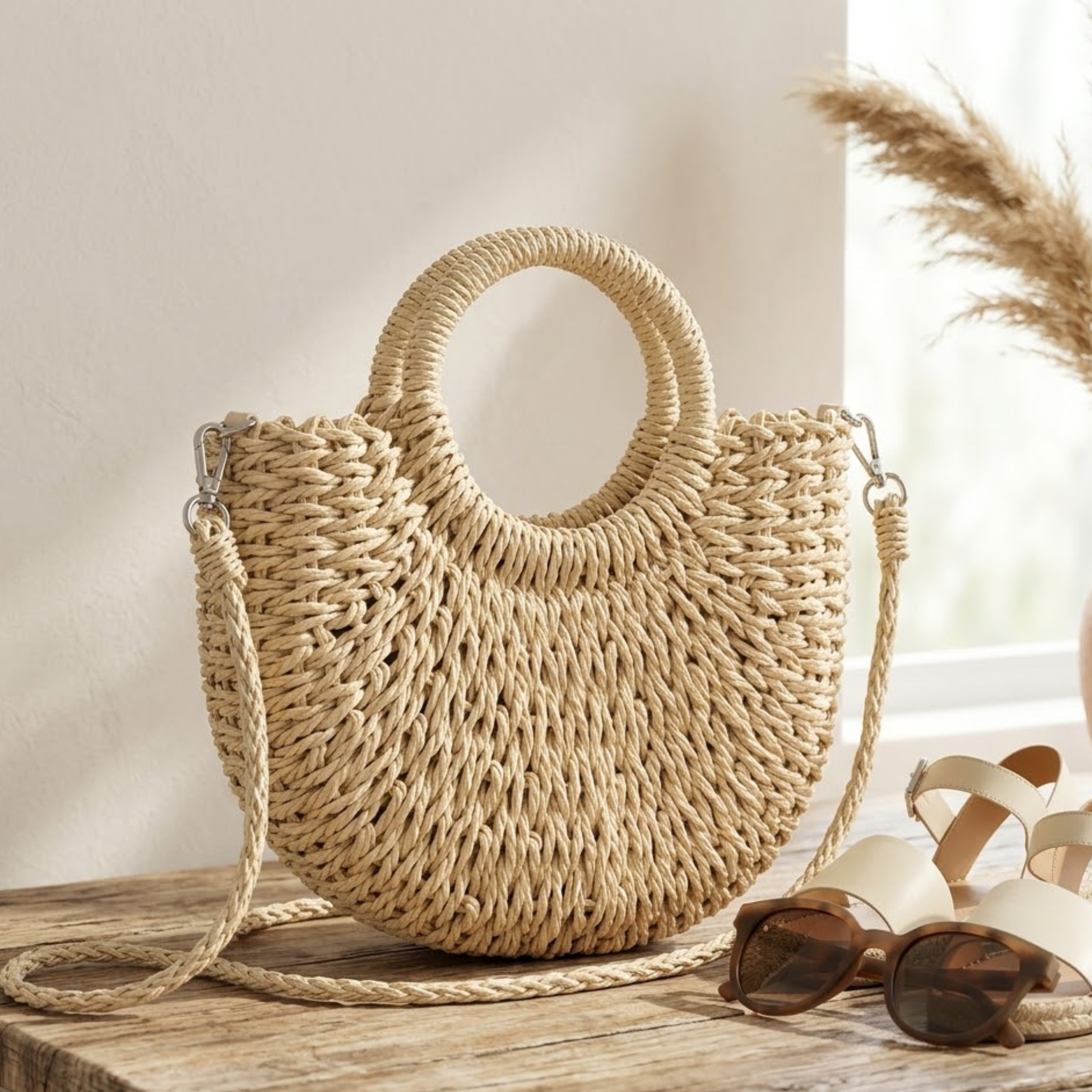 Moon-Shaped Handmade Straw Beach Tote – Sustainable Bag