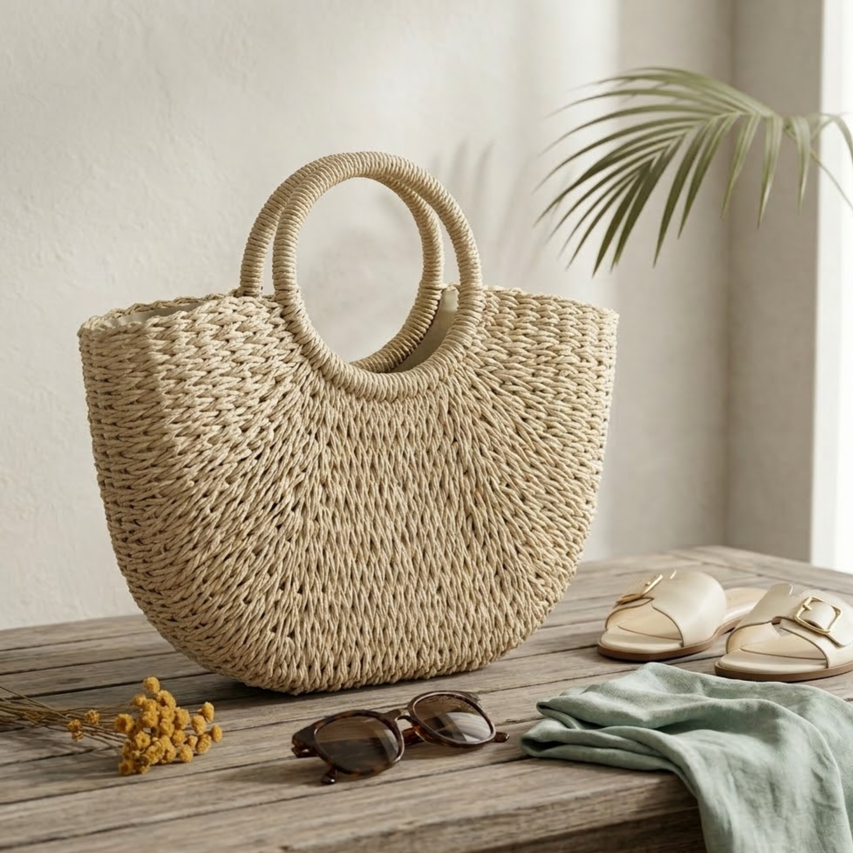Moon-Shaped Handmade Straw Beach Tote – Sustainable Bag