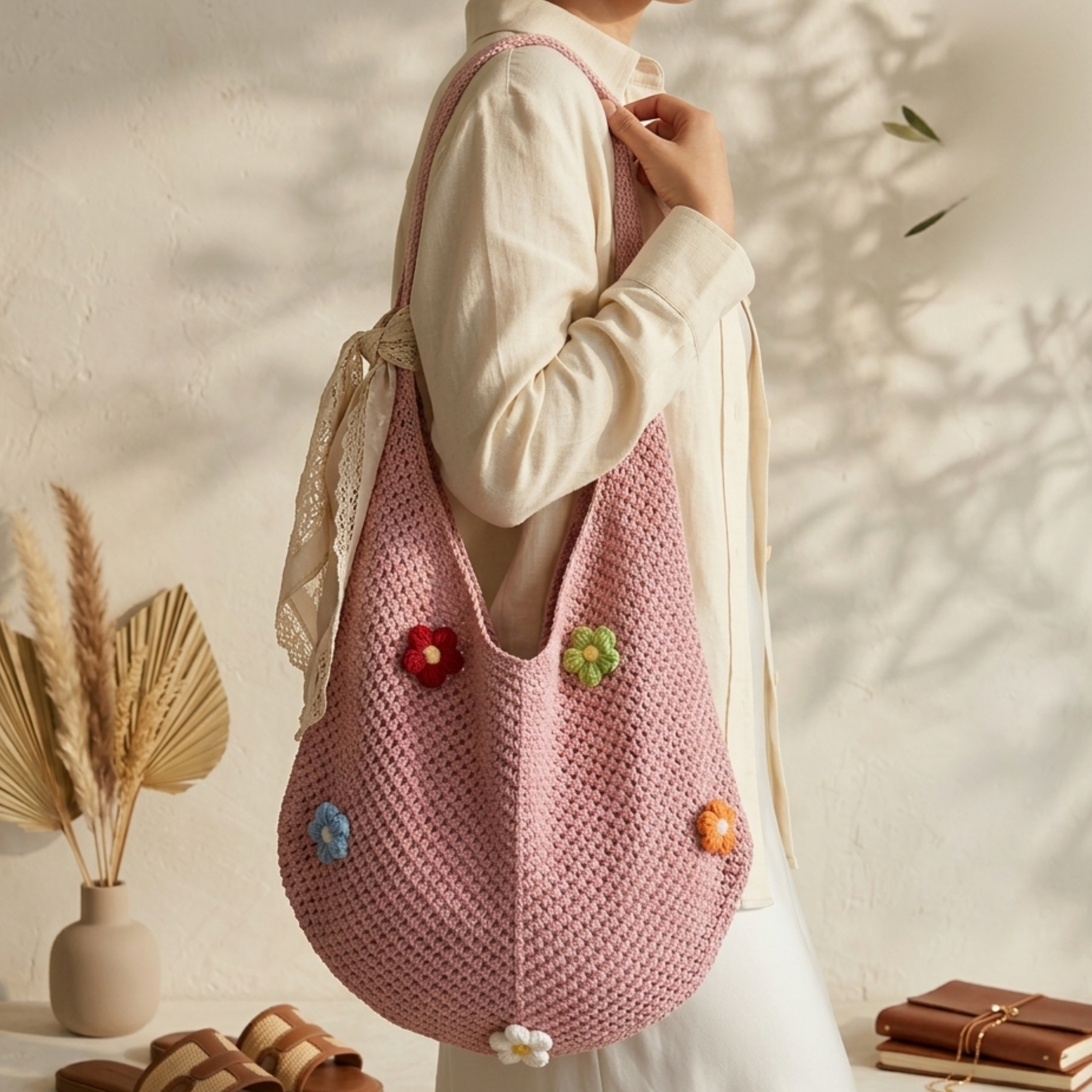 Mini Blossom Hollow-Out Knitted Tote Bag – Sustainable Bag