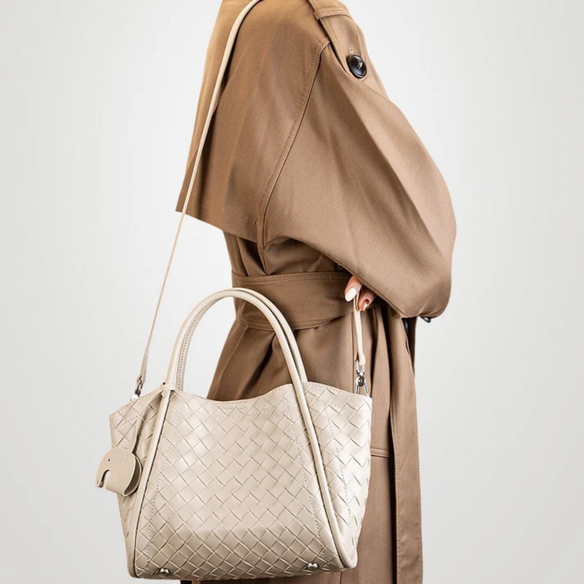 Calystria Genuine Leather Woven Large Tote Crossbody Basket Bag