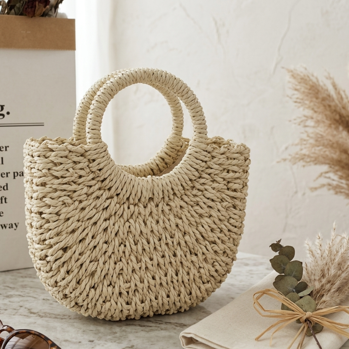 Sac cabas bohème demi-cercle en osier fait main – Sac durable