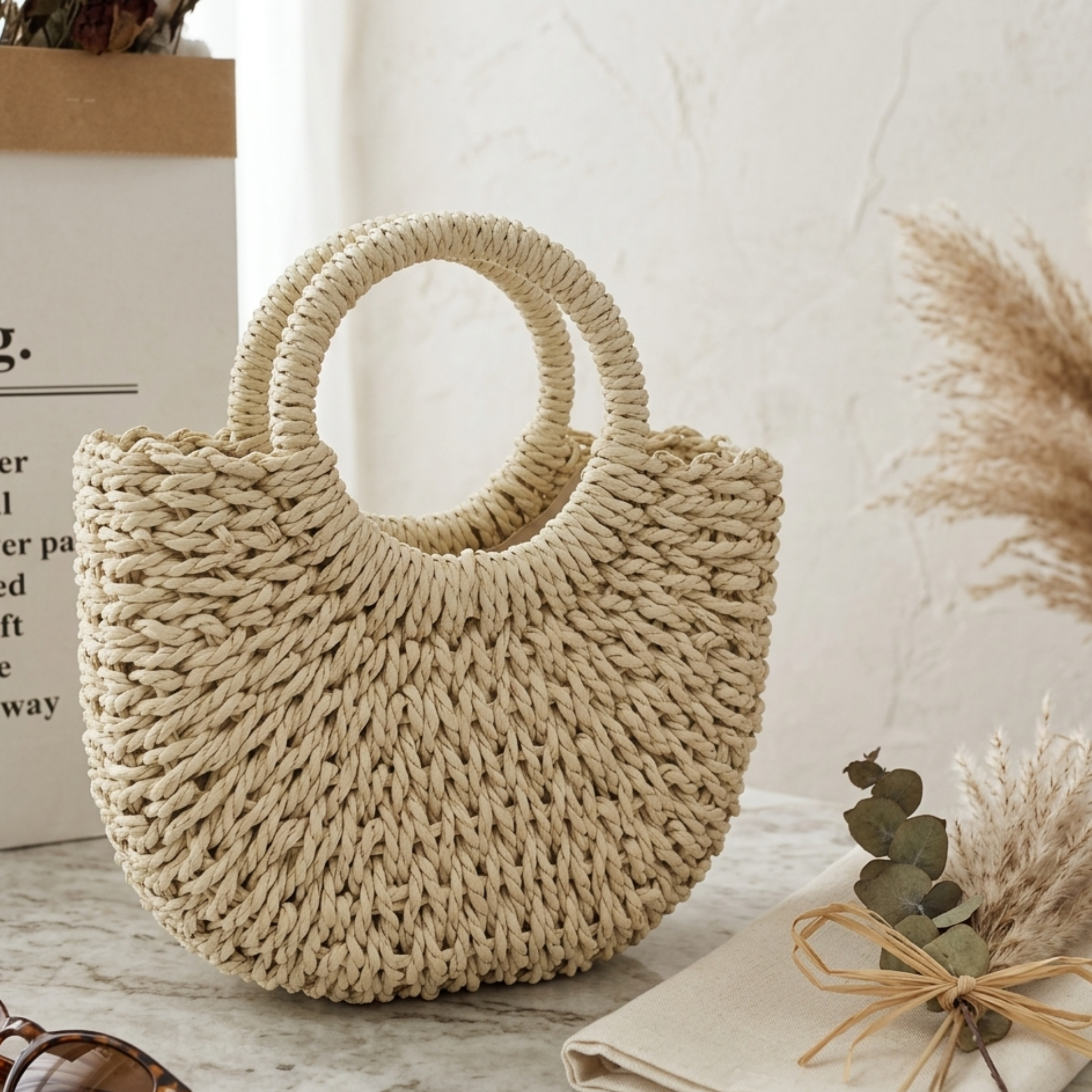 Handcrafted Boho Half-Circle Wicker Tote Handbag - Sustainable Bag
