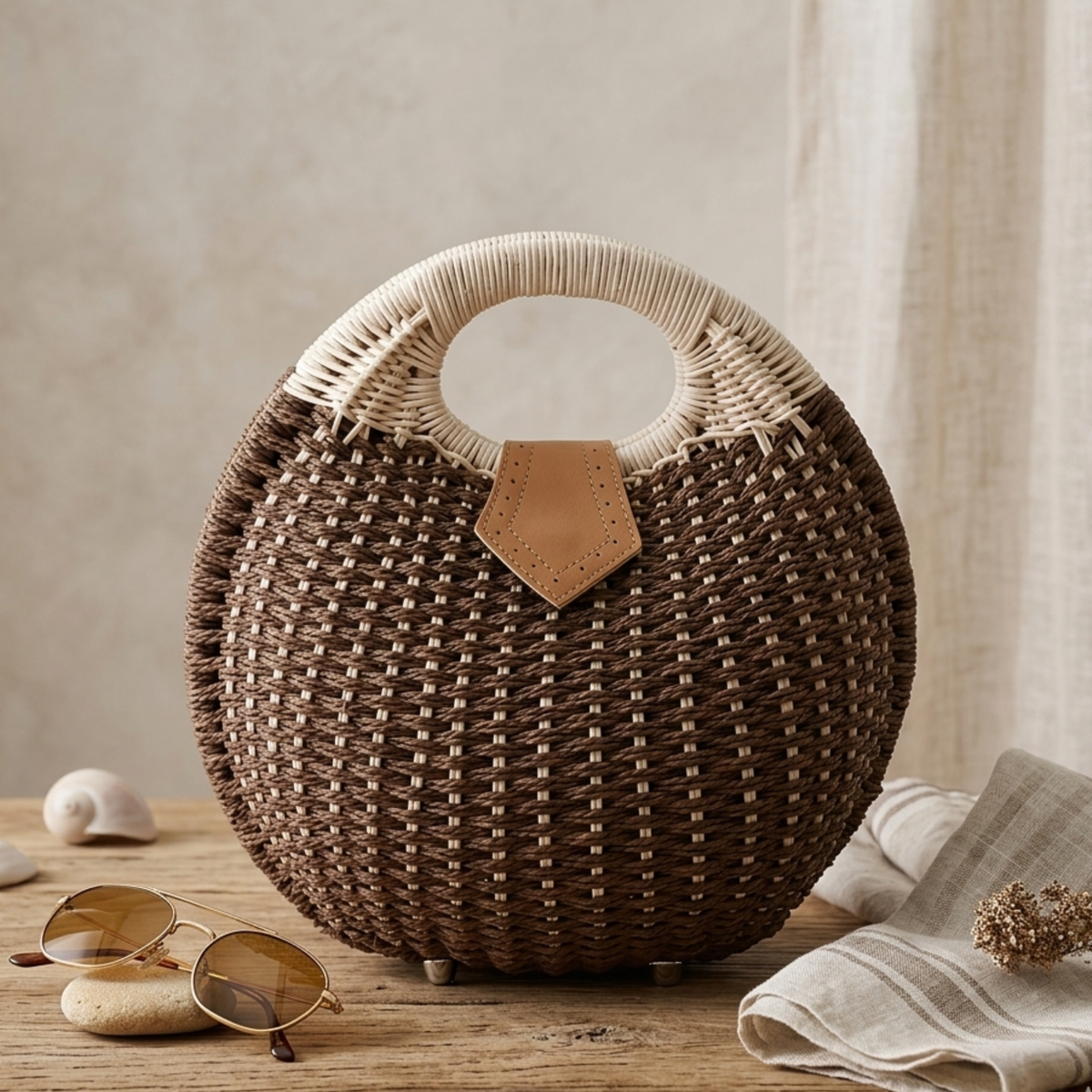 Borsa rotonda intrecciata a mano in rattan con conchiglia – Borsa sostenibile