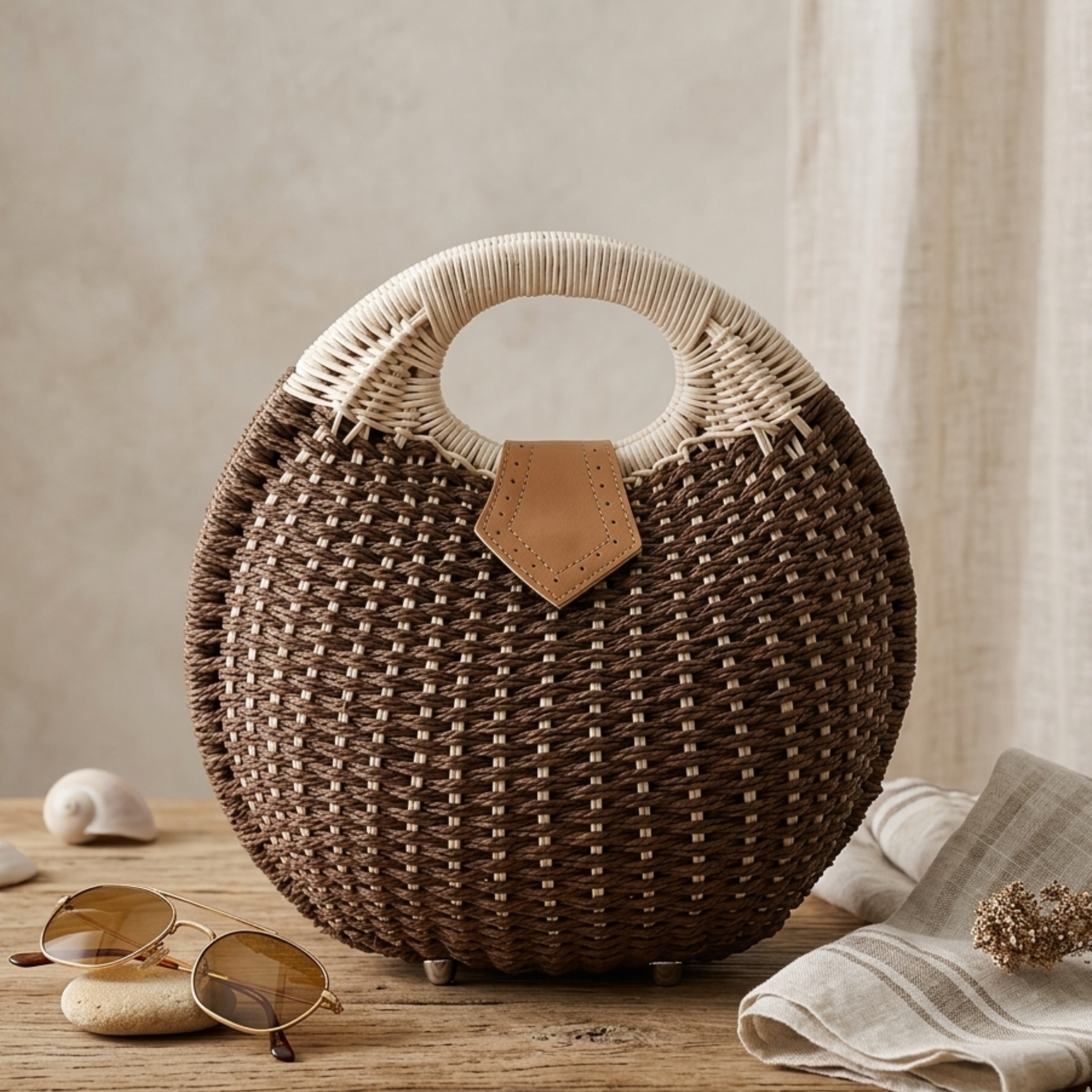 Handwoven Rattan Shell Round Handbag - Sustainable Bag