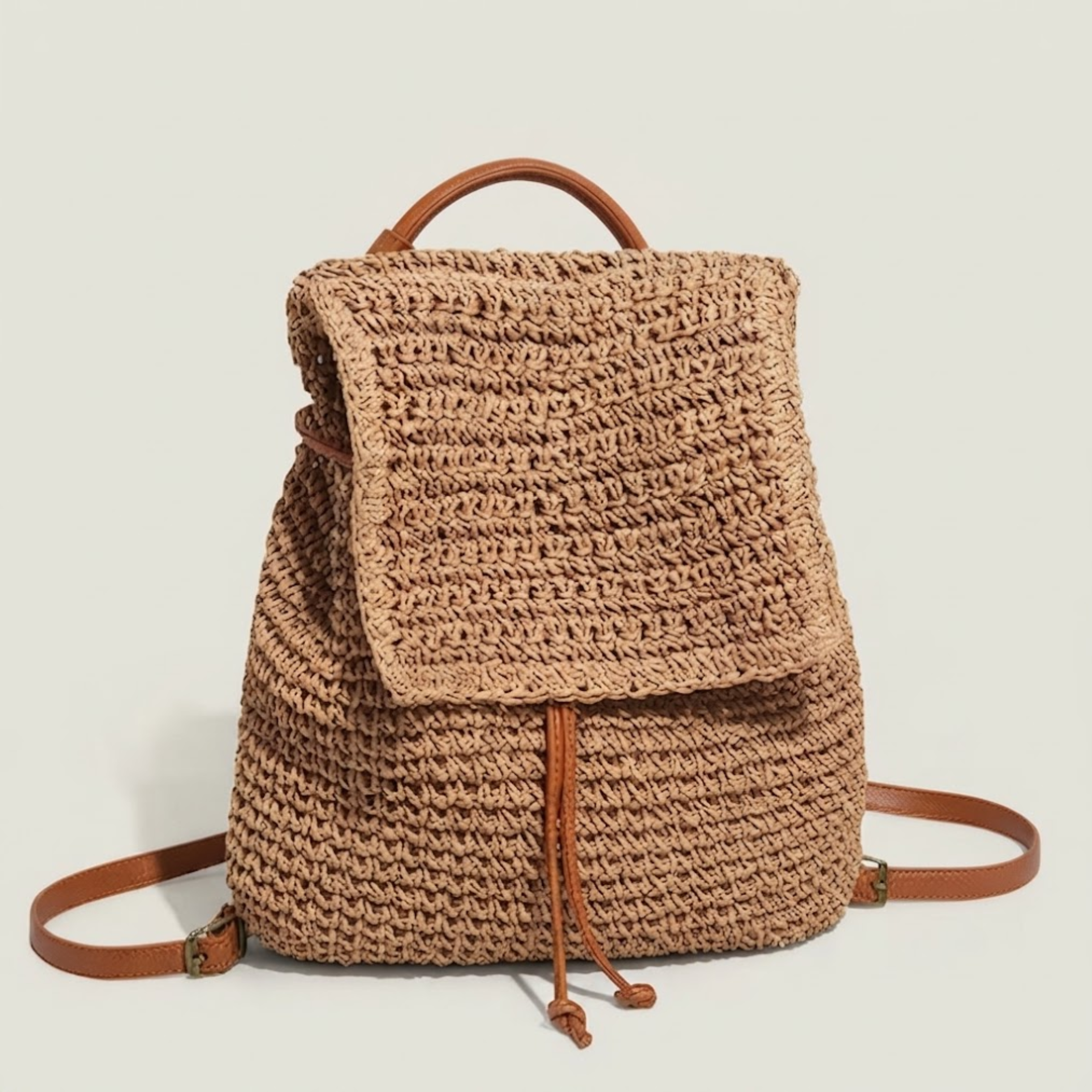 Sac à dos Gwen en paille tressée de style bohème avec rabat