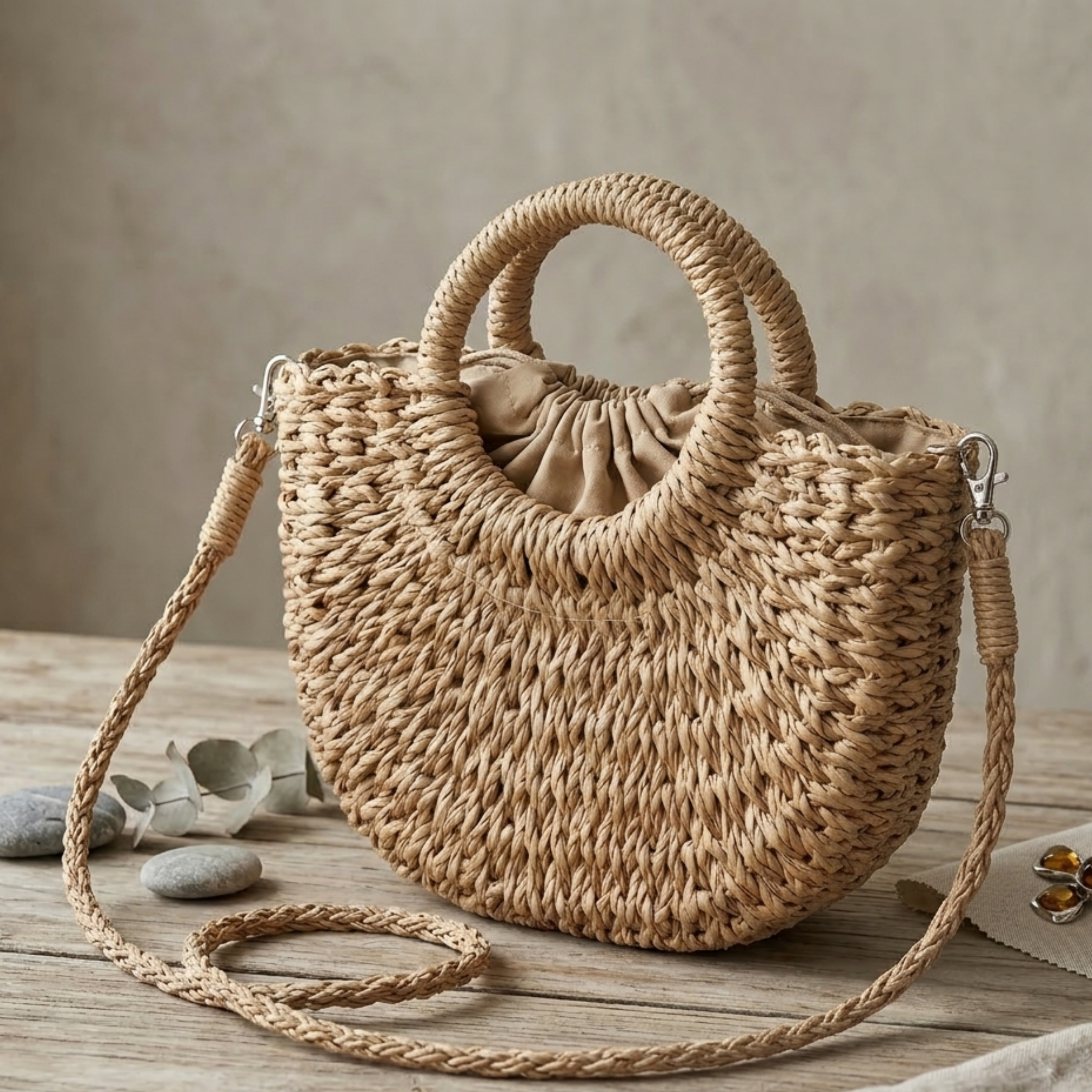 Handcrafted Boho Half-Circle Wicker Tote Handbag - Sustainable Bag