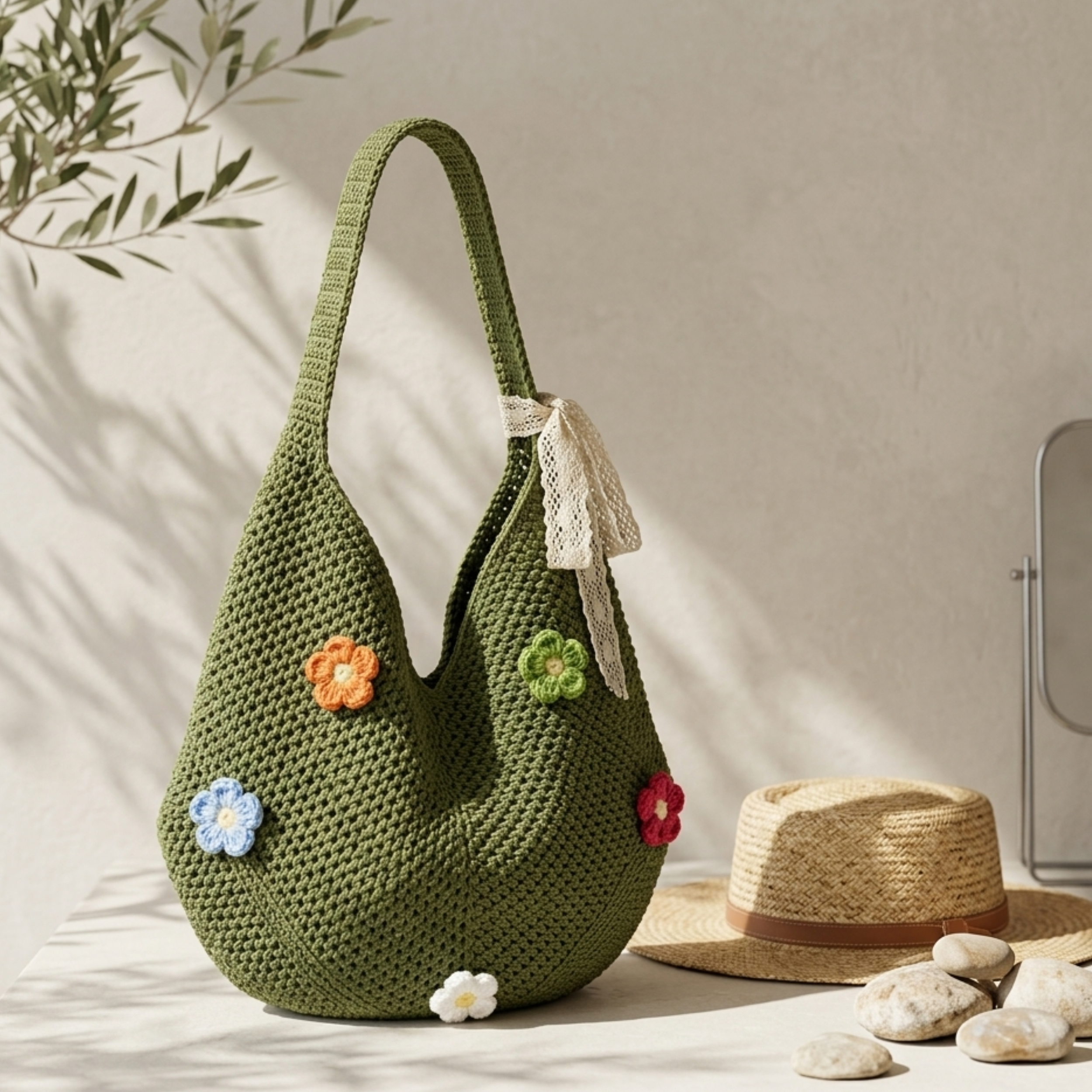 Mini Blossom Hollow-Out Knitted Tote Bag – Sustainable Bag