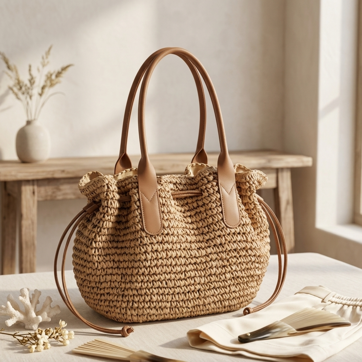 Premium Handwoven Straw Tote with Drawstring Shoulder Bag - Sustainable Bag