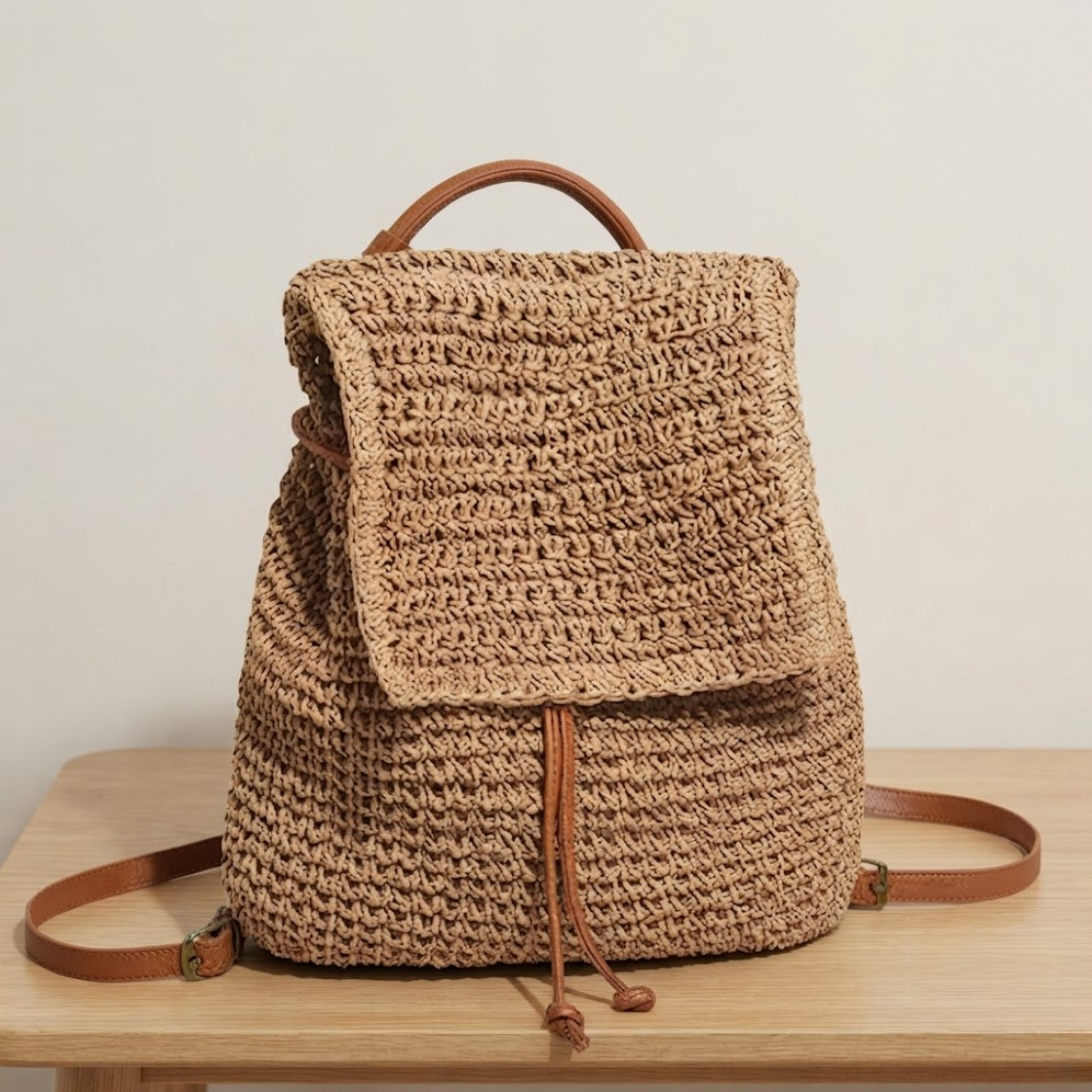 Sac à dos Gwen en paille tressée de style bohème avec rabat
