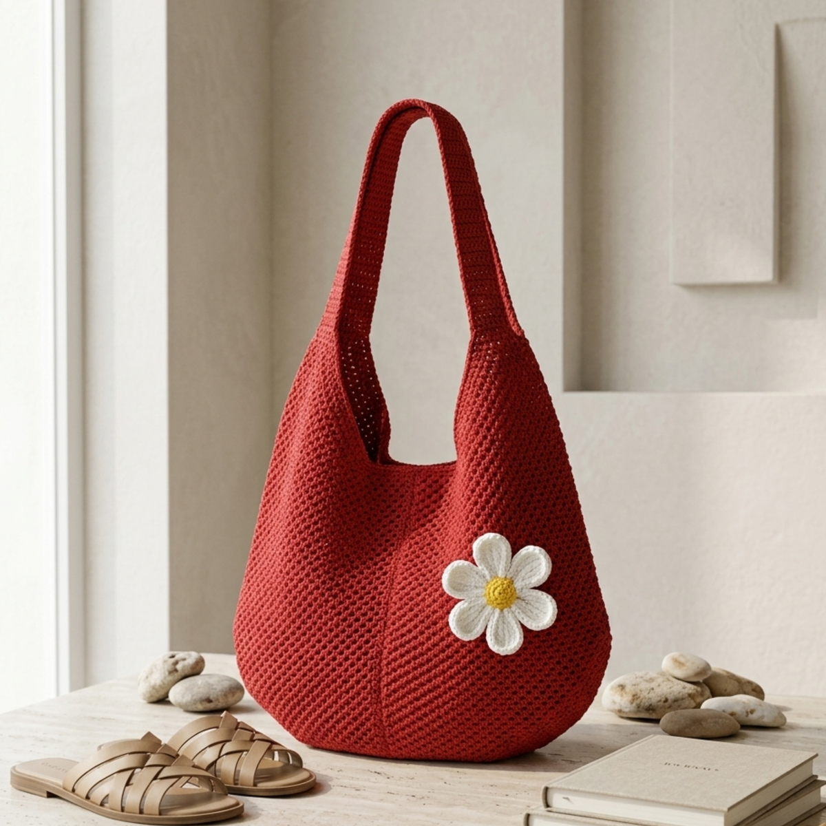 Lone Petal Hollow-Out Knitted Tote Bag – Sustainable Bag