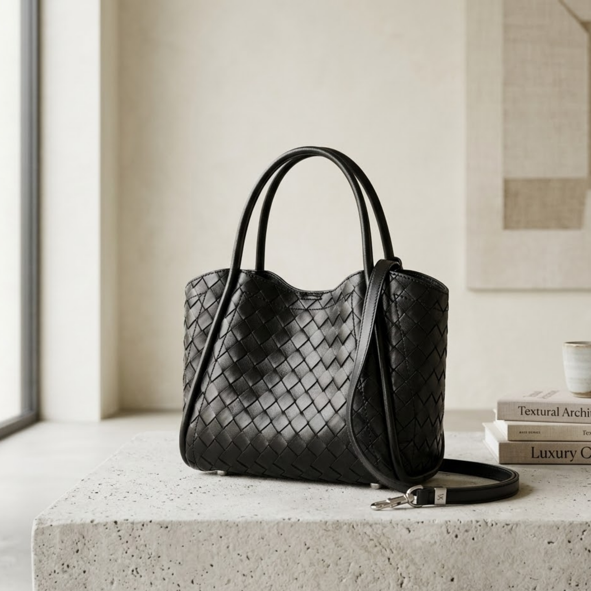Calystria Genuine Leather Woven Large Tote Crossbody Basket Bag
