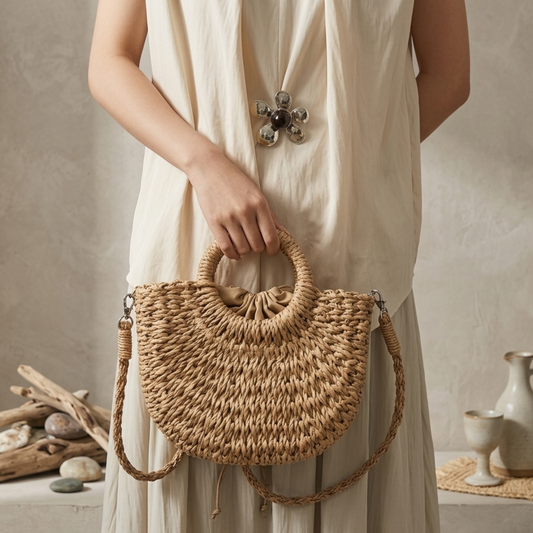 Handcrafted Boho Half-Circle Wicker Tote Handbag - Sustainable Bag