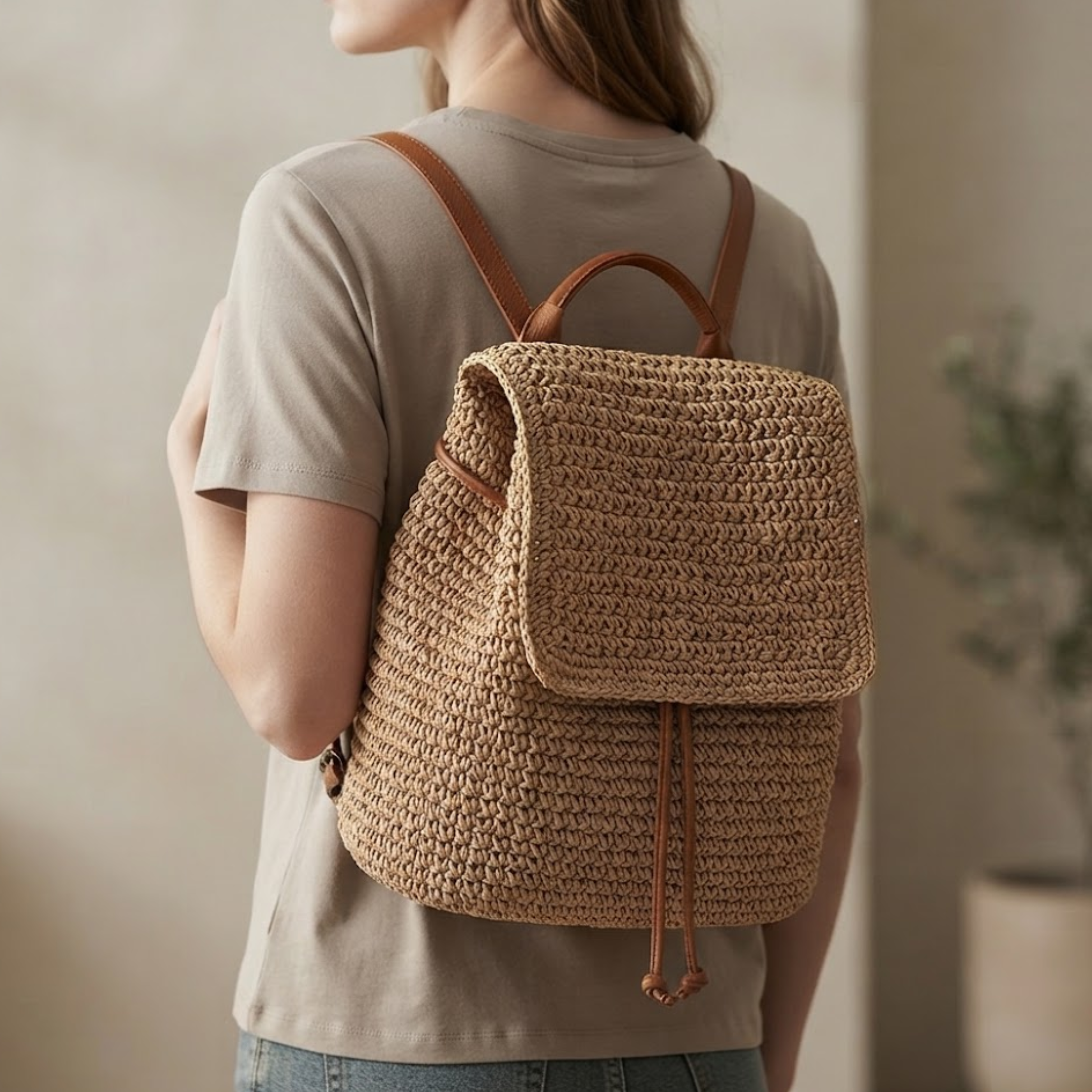 Sac à dos Gwen en paille tressée de style bohème avec rabat