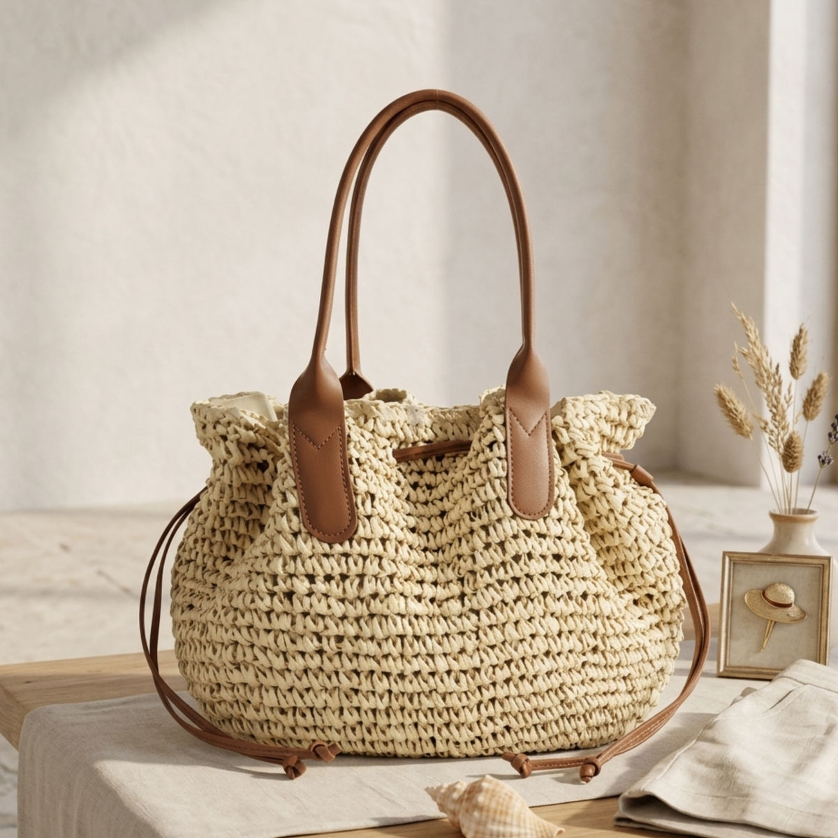 Sac cabas en paille tressée premium avec cordon à épaule – Sac durable