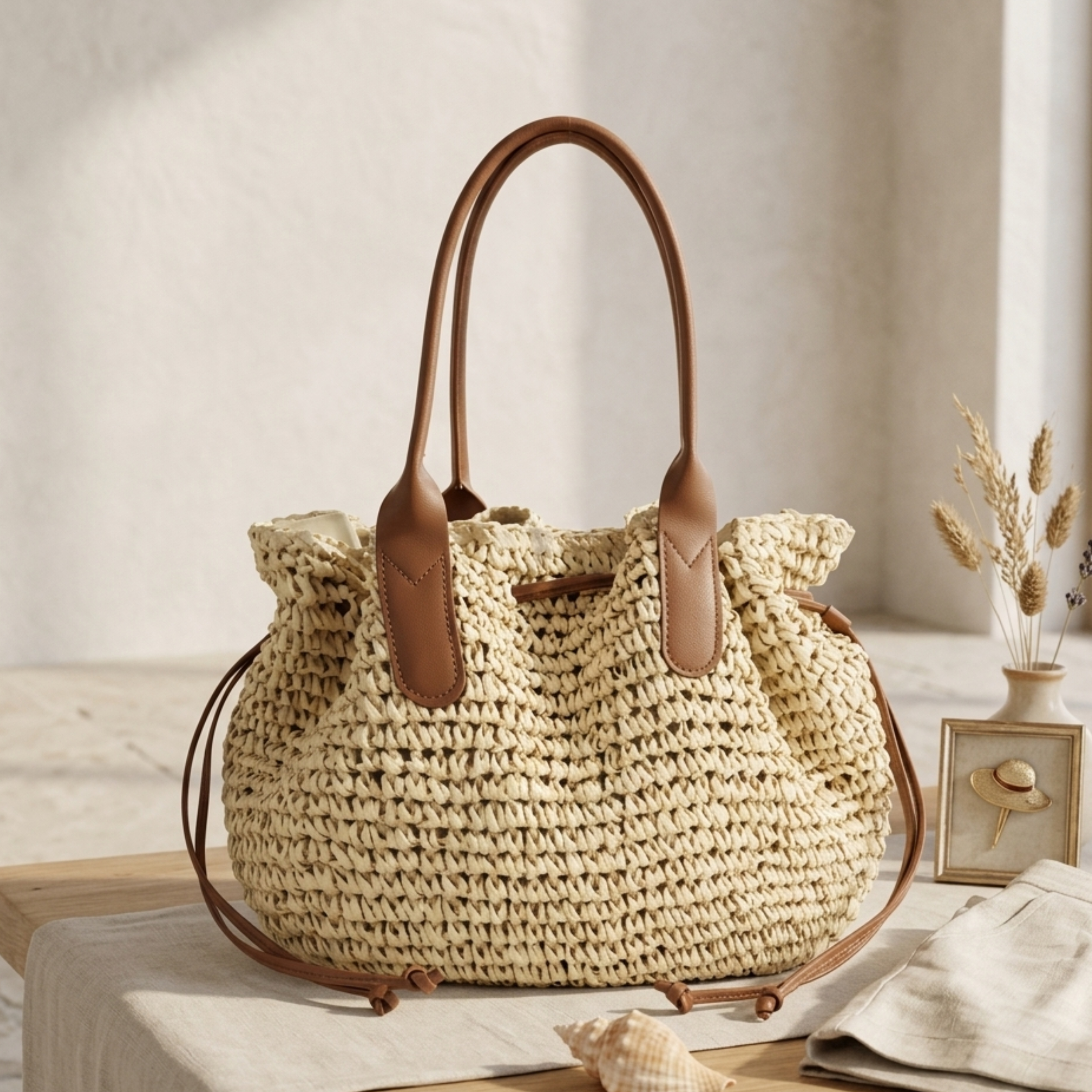 Premium Handwoven Straw Tote with Drawstring Shoulder Bag - Sustainable Bag