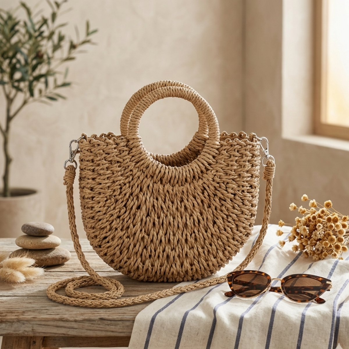 Handcrafted Half-Round Rattan Woven Crossbody Handbag - Sustainable Bag