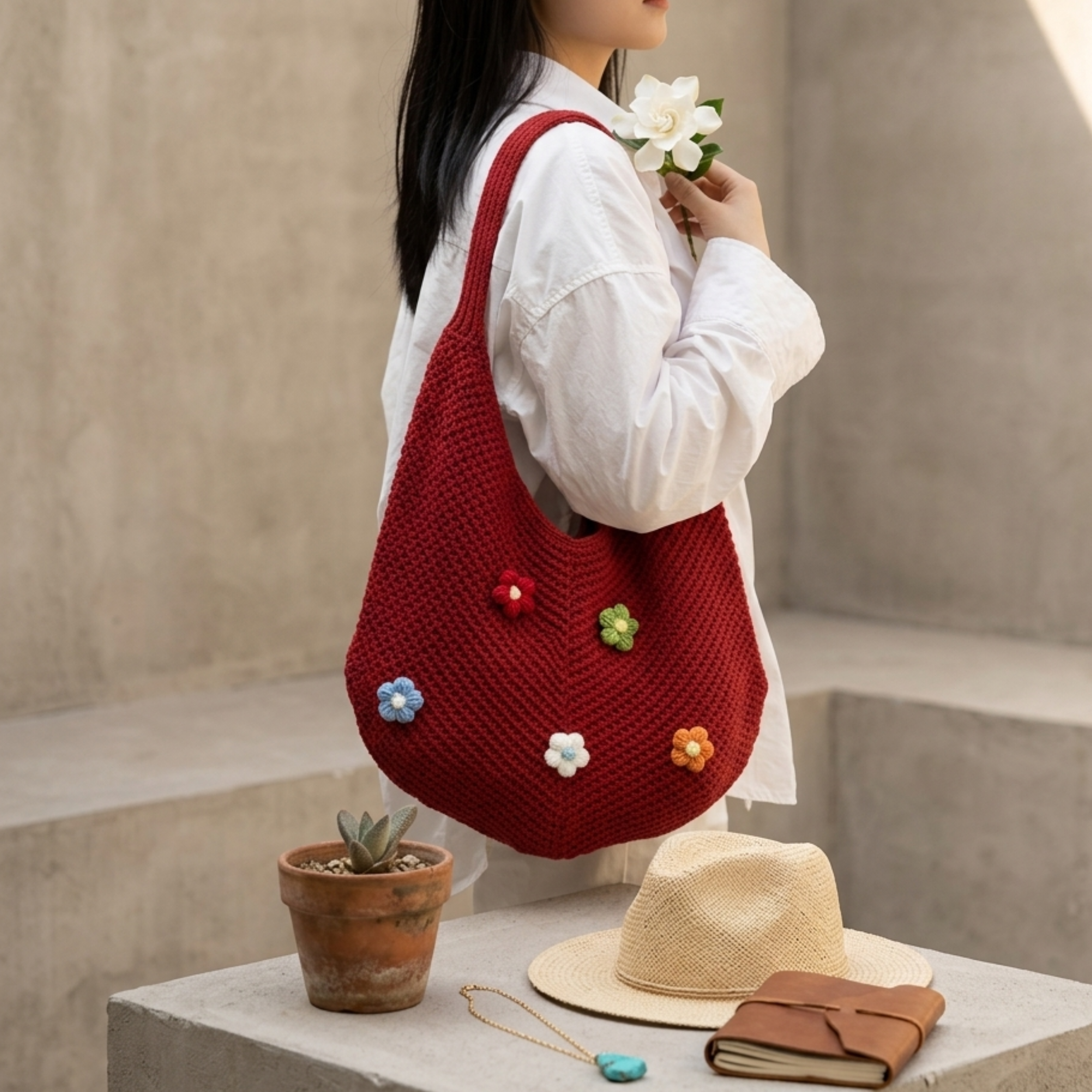 Mini Blossom Hollow-Out Knitted Tote Bag – Sustainable Bag