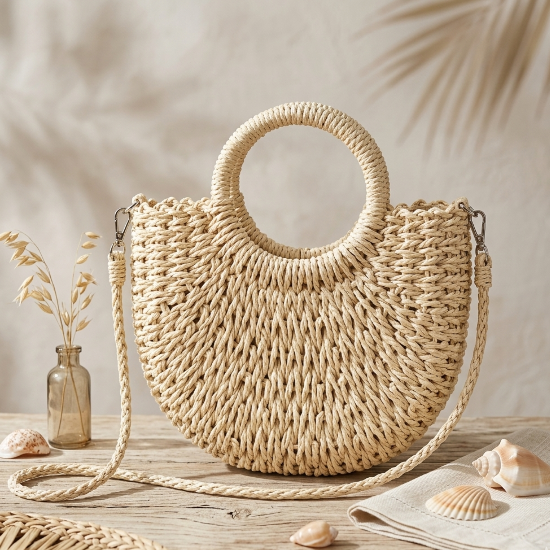 Handcrafted Half-Round Rattan Woven Crossbody Handbag - Sustainable Bag