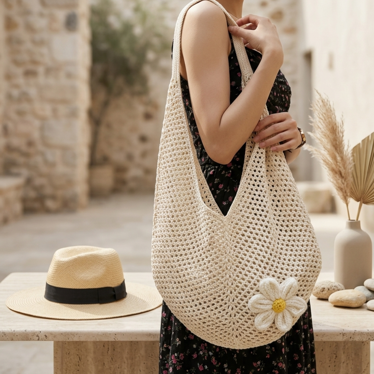Borsa a tracolla traforata a maglia con petalo singolo – Borsa sostenibile