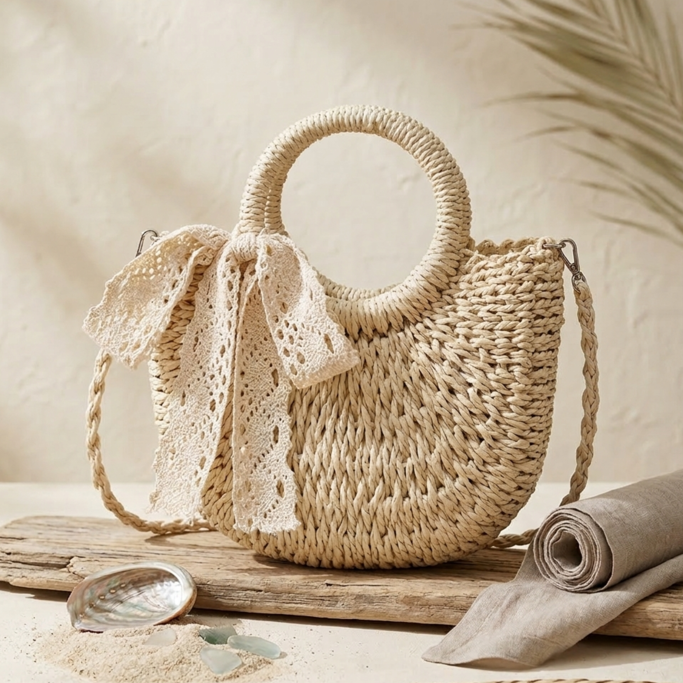 Handcrafted Half-Round Rattan Woven Crossbody Handbag - Sustainable Bag