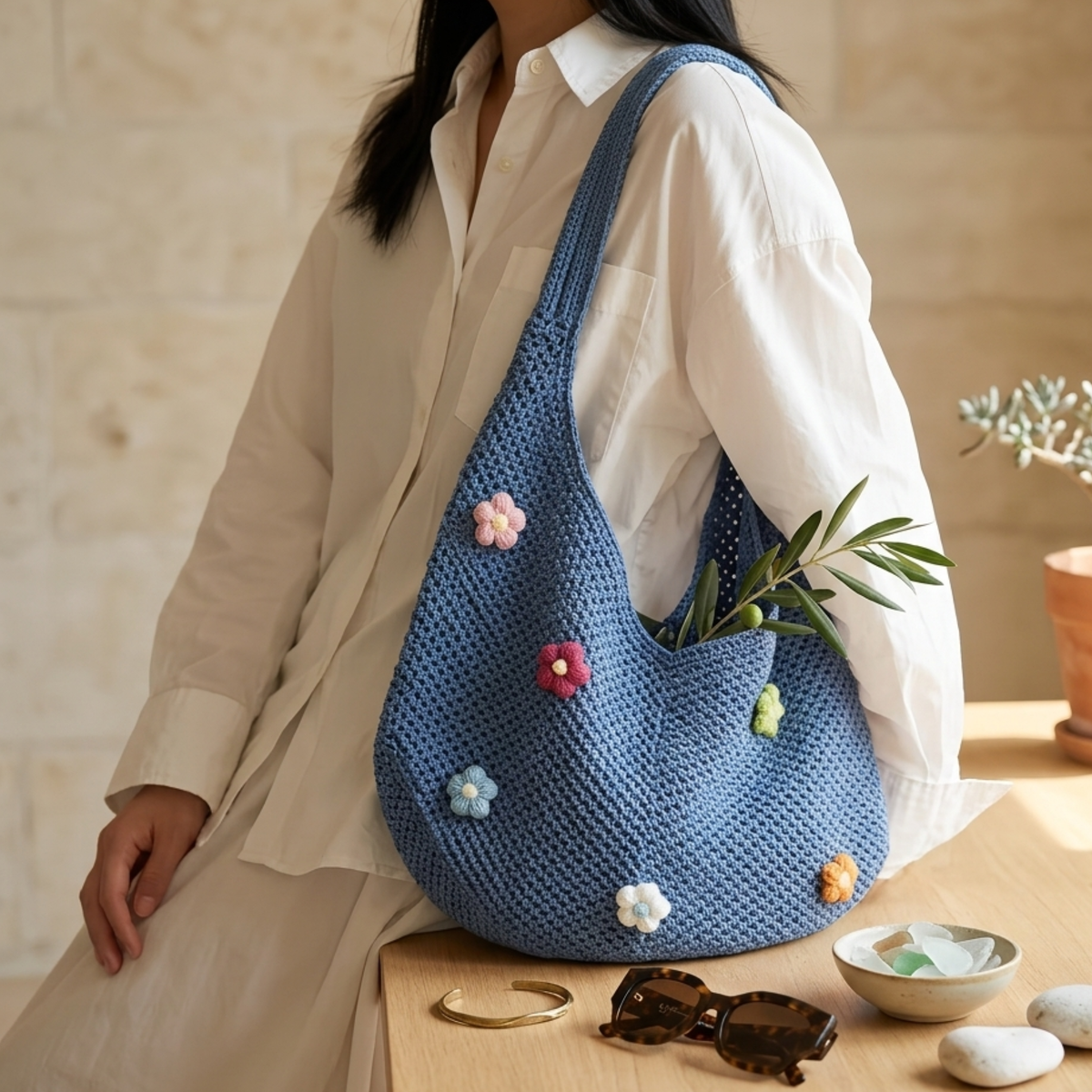 Borsa a tracolla traforata a maglia Mini Blossom – Borsa sostenibile