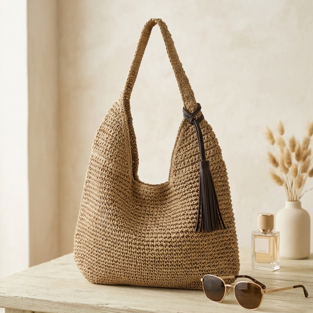 Sac à épaule spacieux en paille tressée fait main – Sac durable
