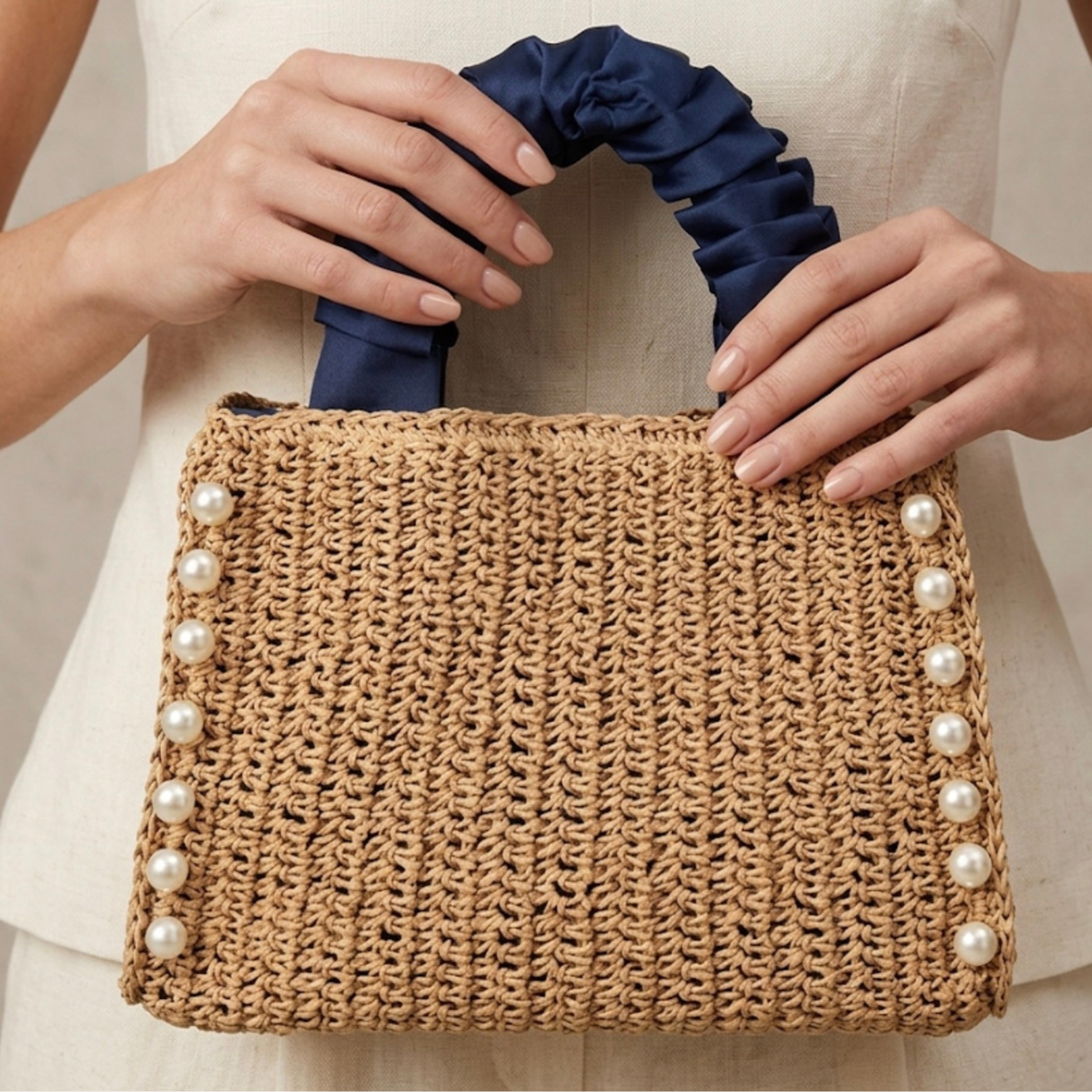 Bohemian Pearl-Embellished Ruched Handle Woven Handbag - Sustainable Bag