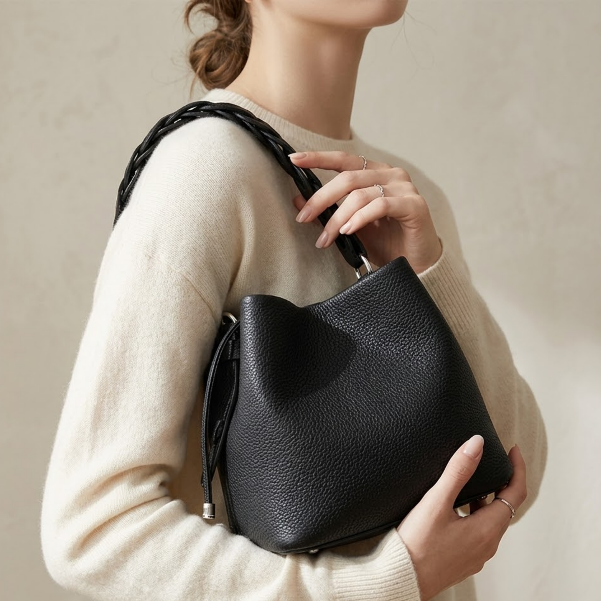 Olythéa Genuine Top-Grain Leather Bucket Bag