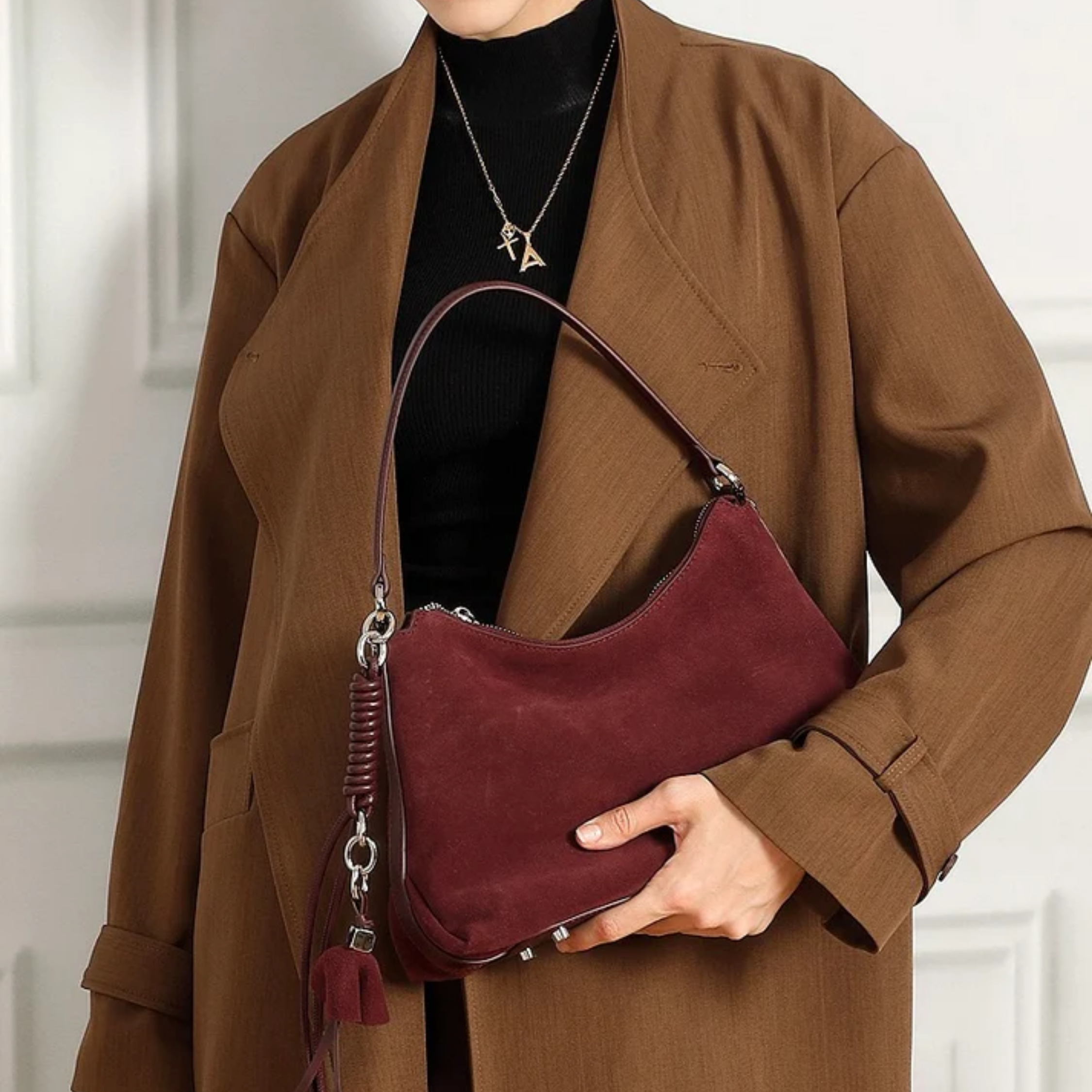 Luxéa Genuine Leather Hobo Bag with Braided Detail & Tassel Accent
