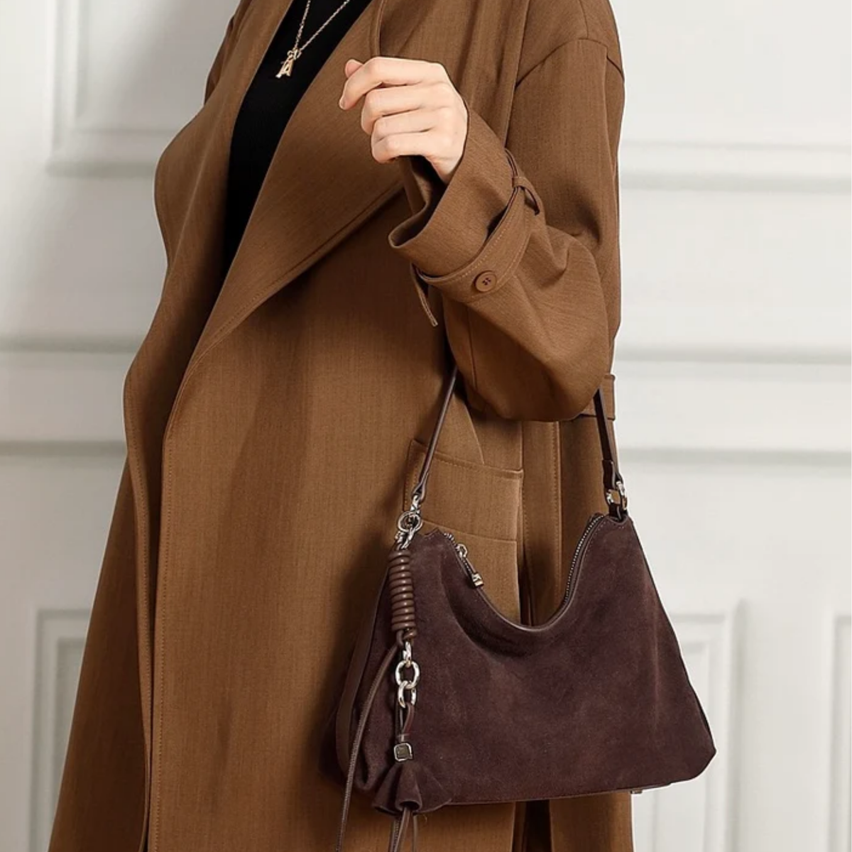 Luxéa Genuine Leather Hobo Bag with Braided Detail & Tassel Accent