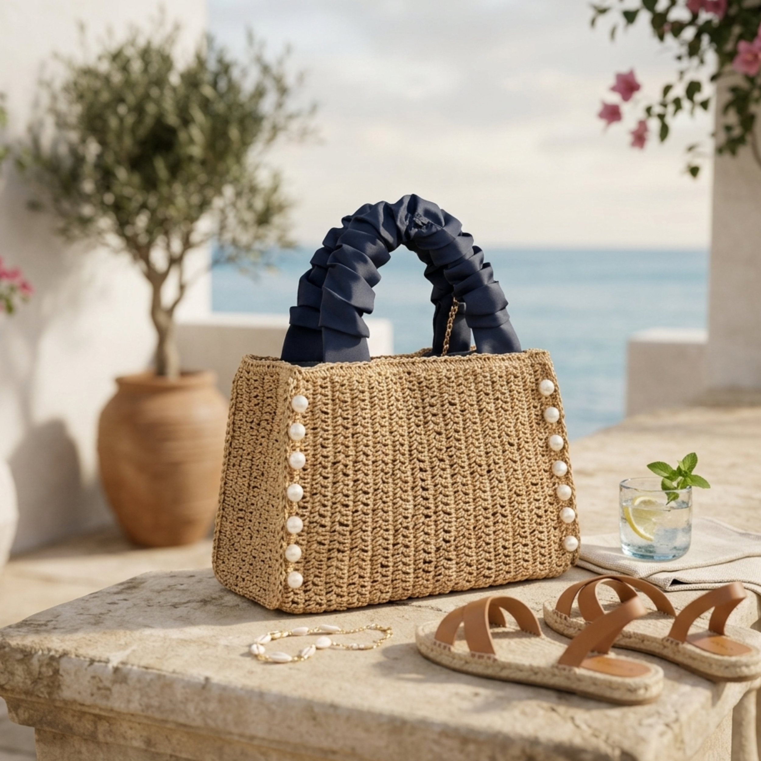 Bohemian Pearl-Embellished Ruched Handle Woven Handbag - Sustainable Bag