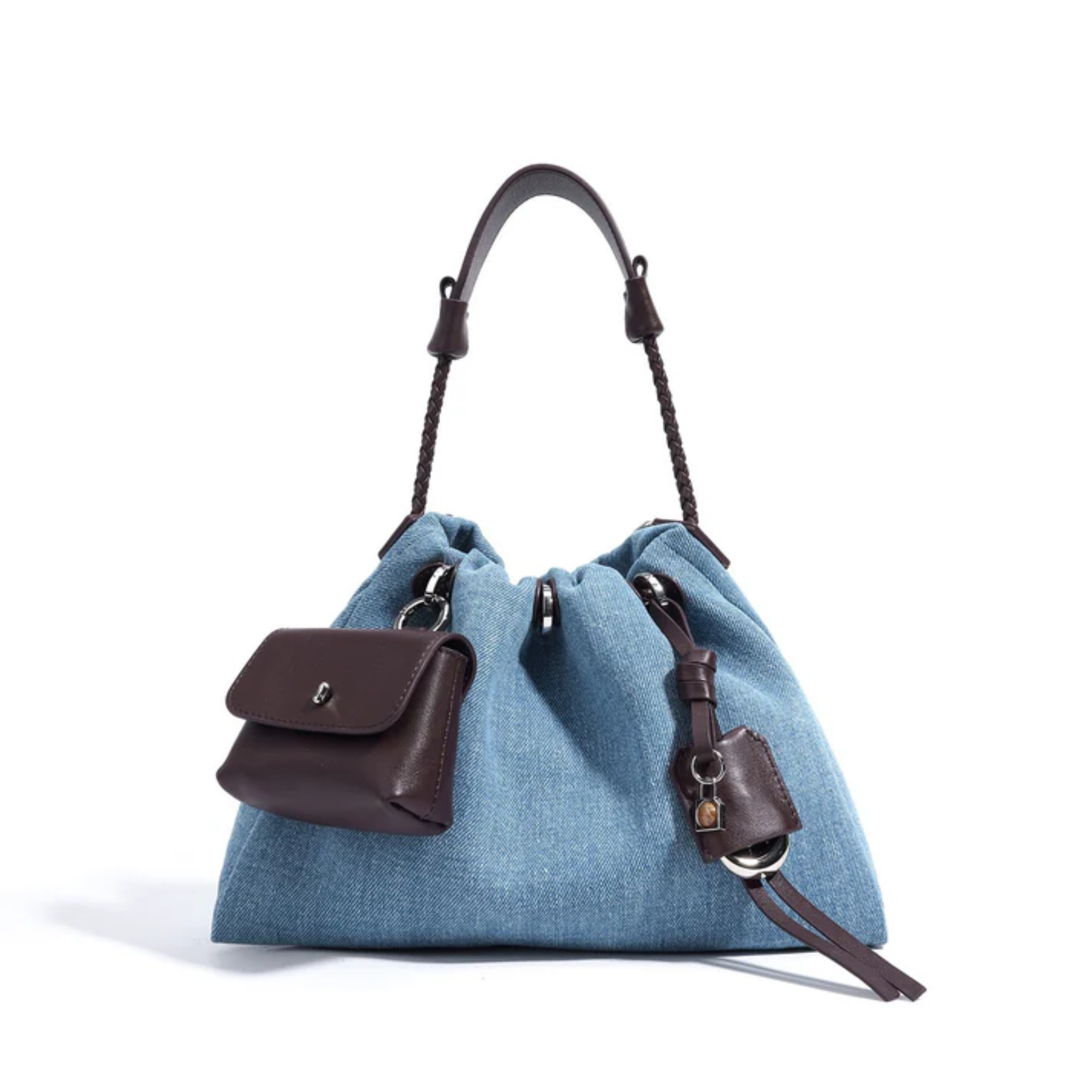 Noirelle Genuine Leather Denim Patchwork Hobo Bag