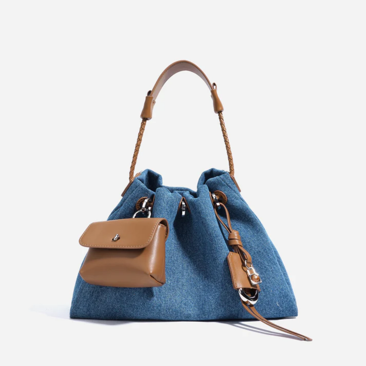 Noirelle Genuine Leather Denim Patchwork Hobo Bag