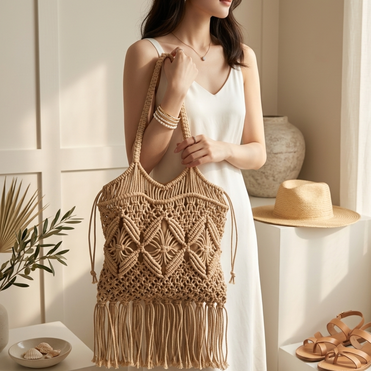 Borsa a tracolla etnica con frange e design traforato – Borsa sostenibile