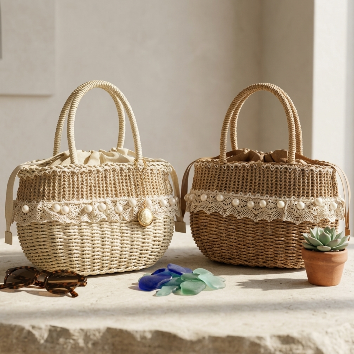 Sac à main en paille tissée à la main avec détail en dentelle – Sac durable
