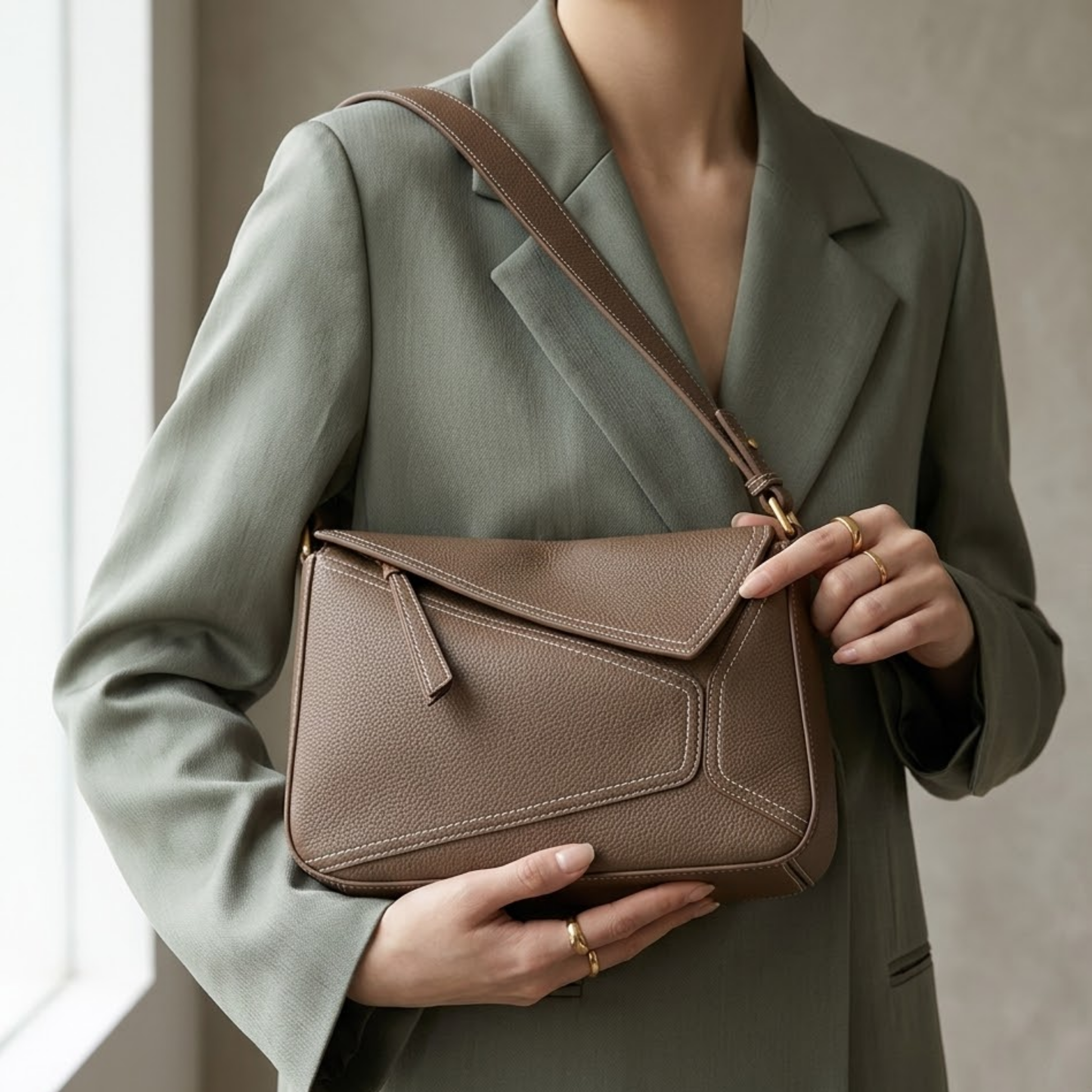 Zephyss Genuine Leather Geometric Shoulder Crossbody Bag