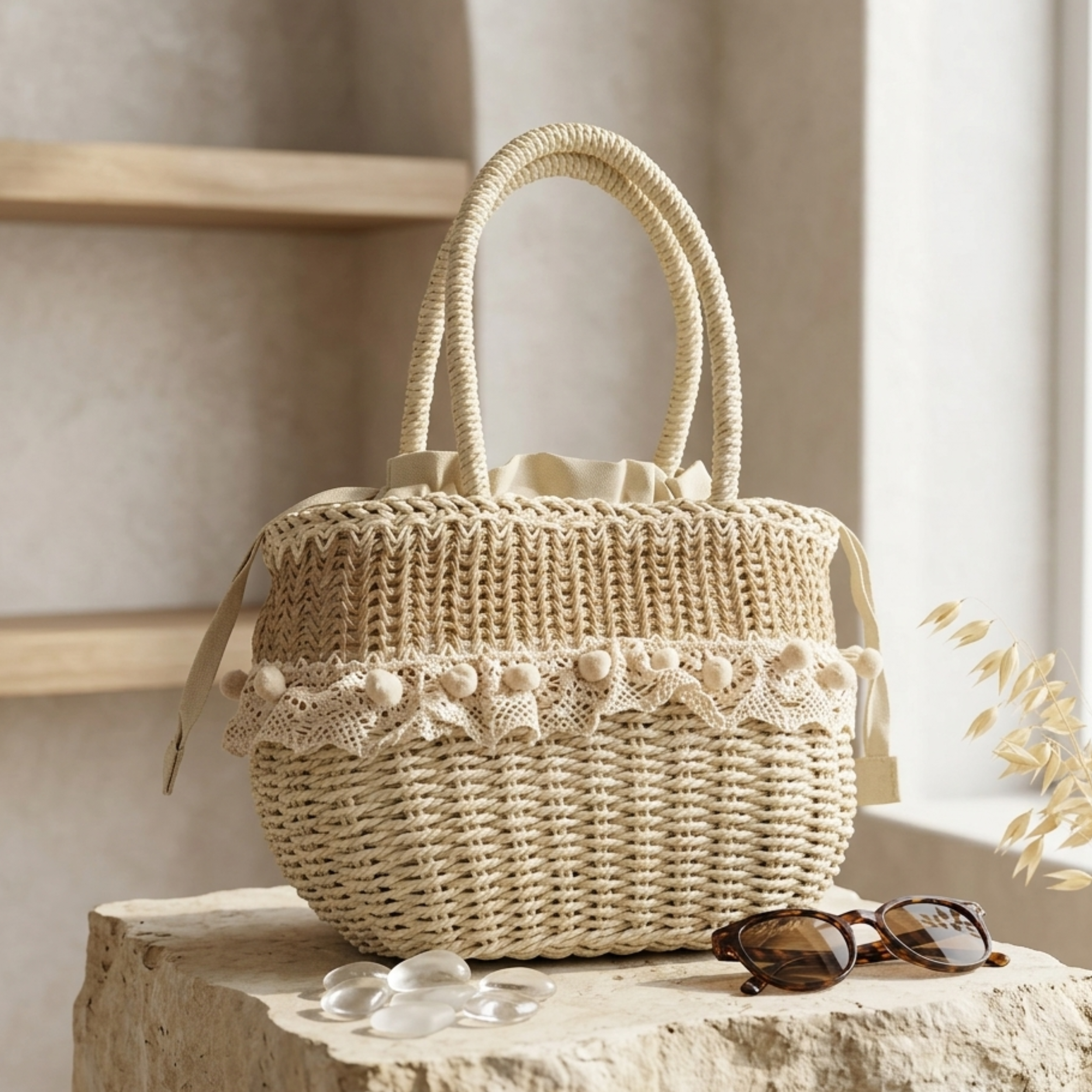 Handcrafted Straw Woven Purse with Lace Detail Handbag – Sustainable Bag