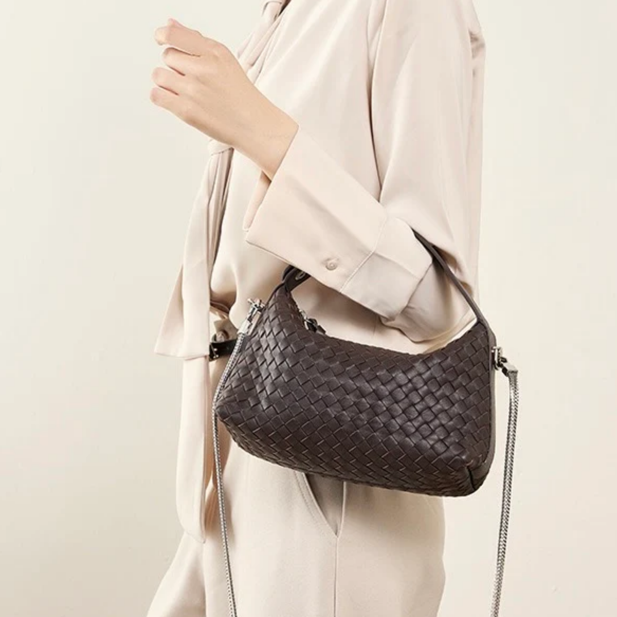 Elaréa Genuine Sheepskin Leather Woven Clutch Bag with Chain Strap