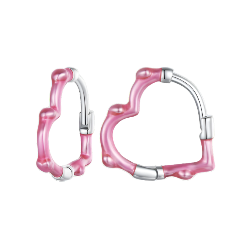 Radiant Pink Heart Bamboo Hoop Earrings