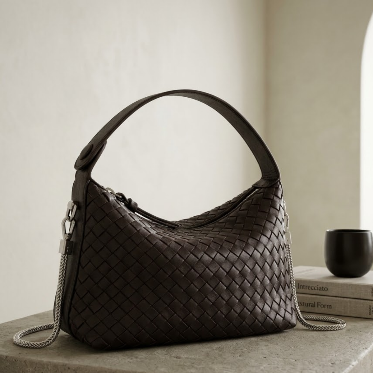 Elaréa Genuine Sheepskin Leather Woven Clutch Bag with Chain Strap