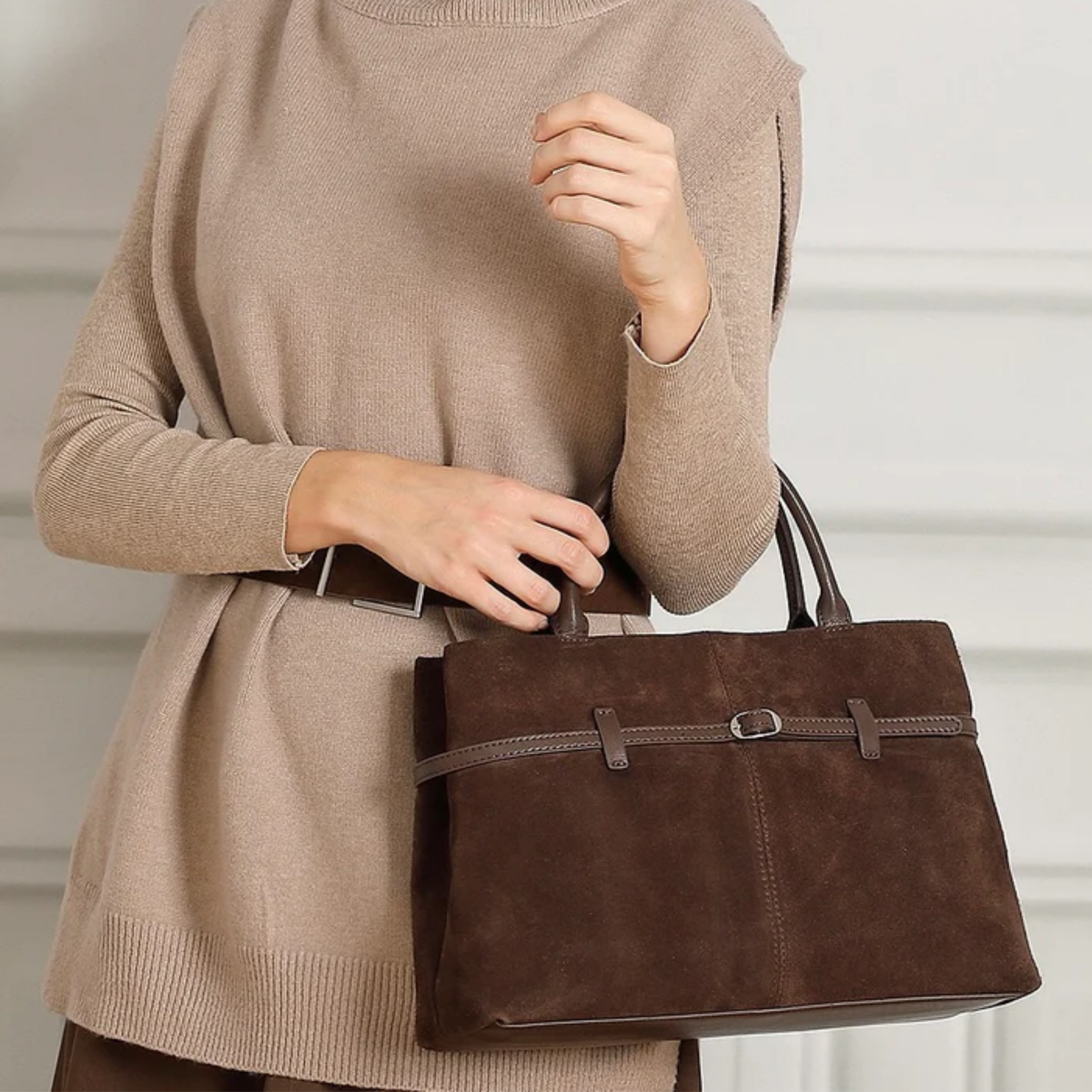 Elyra Suede Structured Genuine Leather Tote Bag