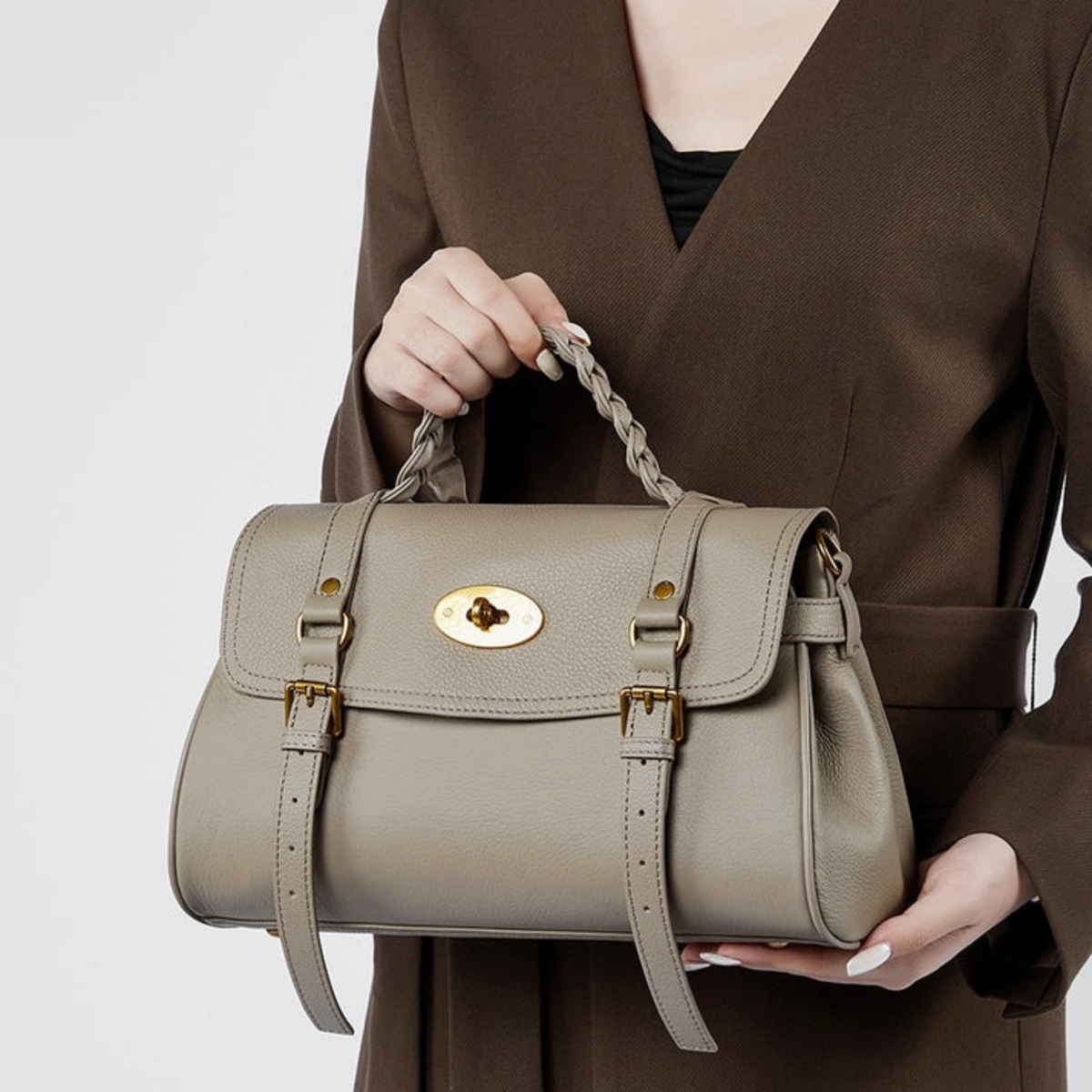 Solévia Geniune Leather Satchel with Braided Handle