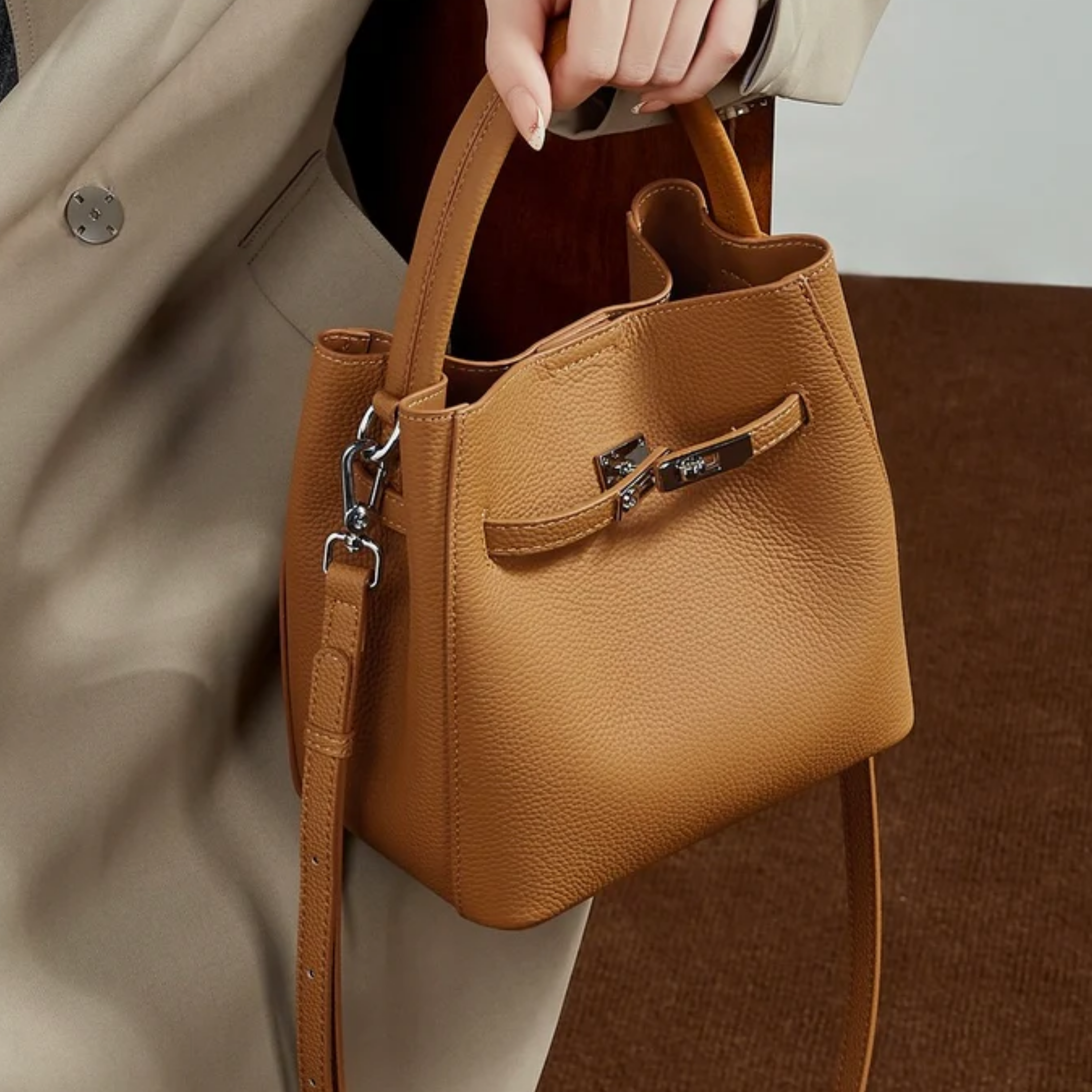 Louisse Genuine Leather Basket Bucket Bag